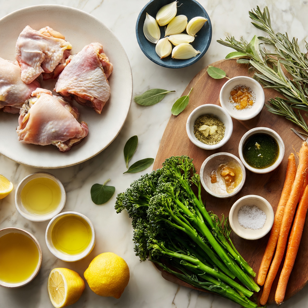 The image shows an overhead view of fresh ingredients on a white marbled surface. On the left side, there is a white plate with four pieces of raw chicken thighs and a white bowl filled with peeled shallots, some sliced in halves and others whole. In the center, a wooden board holds several small white bowls with light-colored sauces or condiments, salt and pepper, and ginger paste, along with fresh green broccolini and a few sprigs of fresh herbs. On the right side of the board are three orange carrots with green tops and four lemon wedges with zest beside them. Near the bottom left of the board are small white bowls with golden olive oil and a lighter oil. The whole setup displays fresh, colorful ingredients neatly arranged. Photo taken with an iphone --ar 4:5 --v 7
