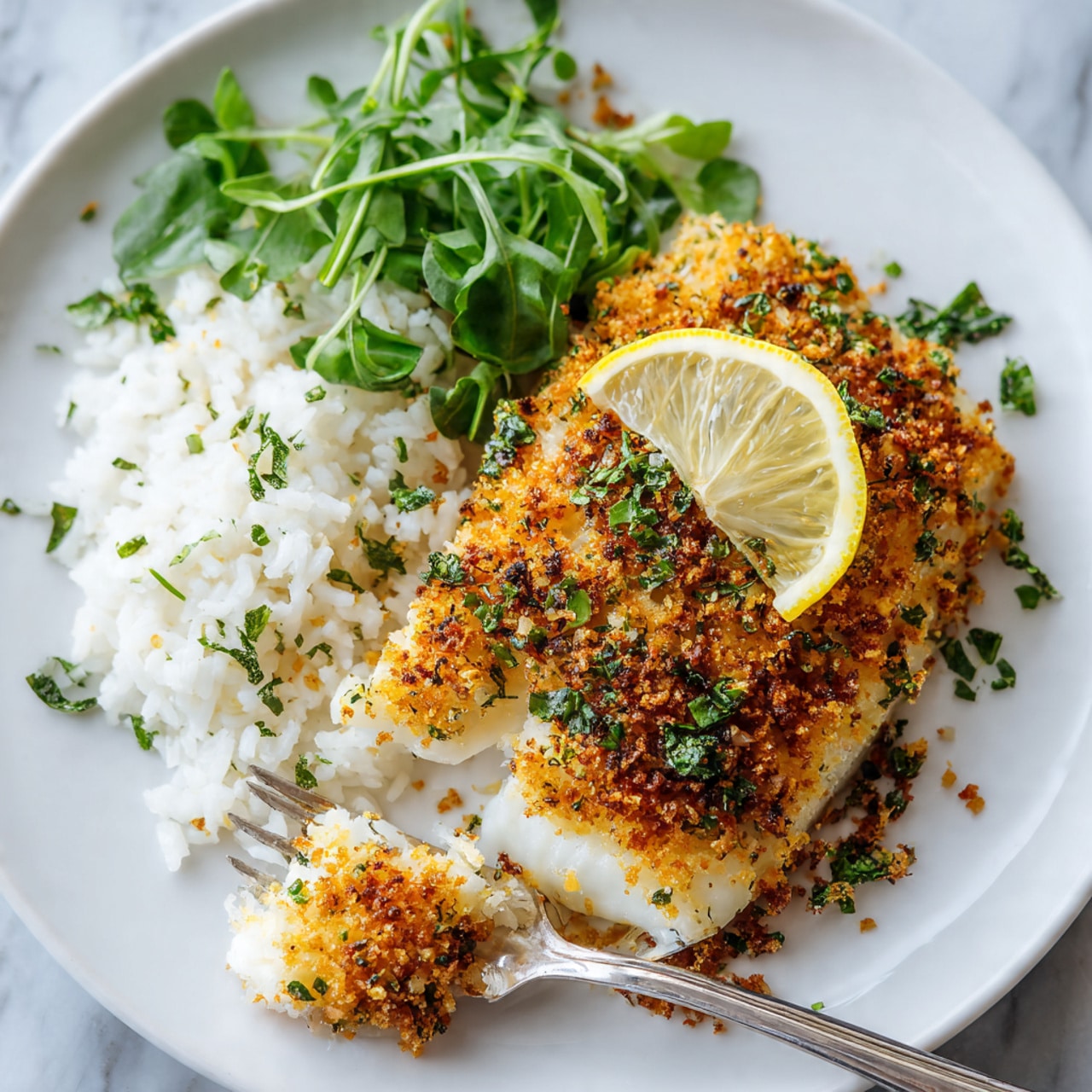 A white plate holds a piece of white fish covered with a golden brown crumb topping that looks crispy with mixed green herbs. A thin, bright yellow slice of lemon lays on top of the fish. Next to the fish is a mound of white rice, light and fluffy. A silver fork is picking up a piece of the fish from the plate. Scattered small green leaves are around the plate, all set on a white marbled surface. photo taken with an iphone --ar 4:5 --v 7