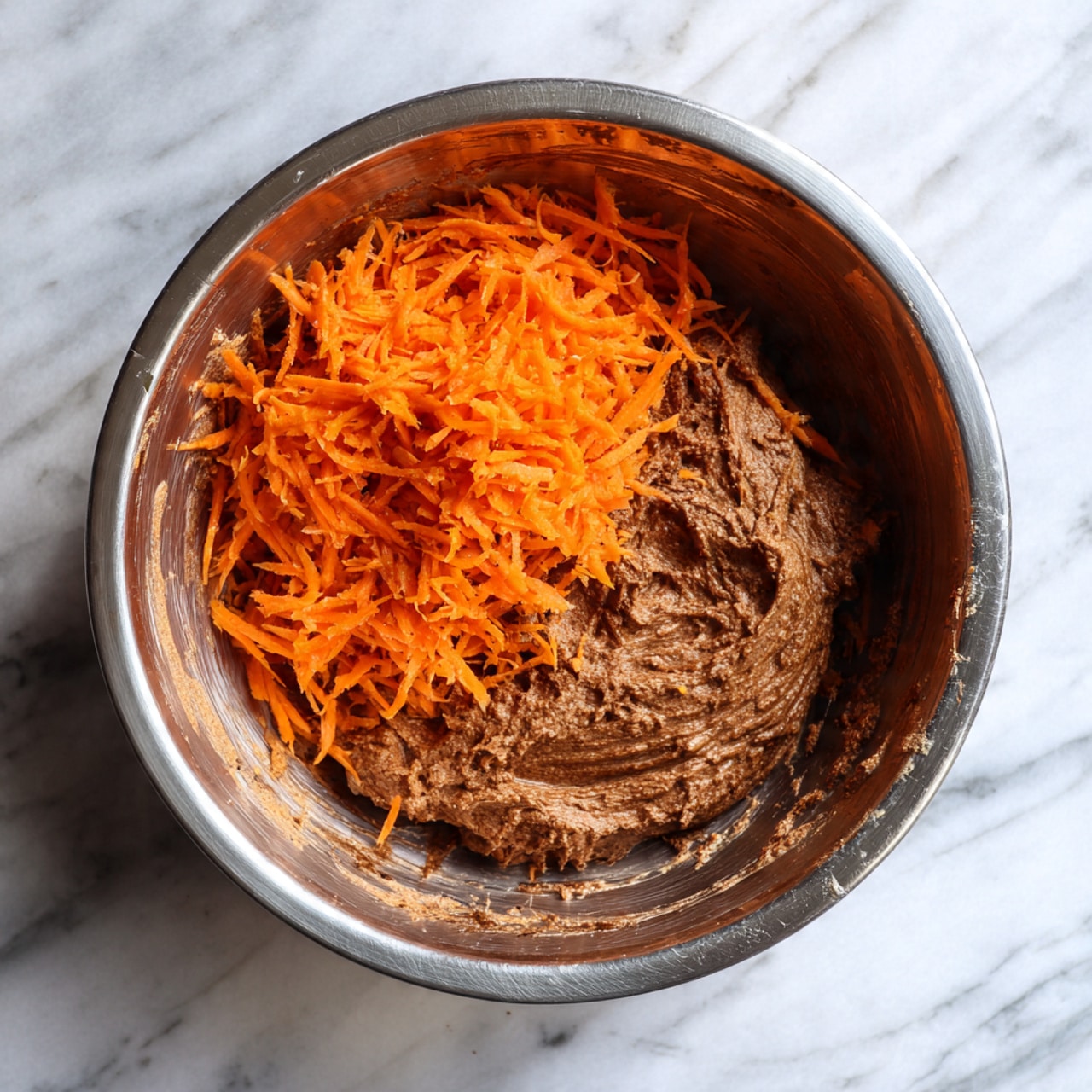 A metal mixing bowl sits on a white marbled surface, filled with two main layers; the bottom layer is a thick, smooth brown mixture with a slightly grainy texture, while the top layer consists of bright orange shredded carrots heaped on one side of the bowl, creating a clear contrast between the two colors and textures photo taken with an iphone --ar 4:5 --v 7