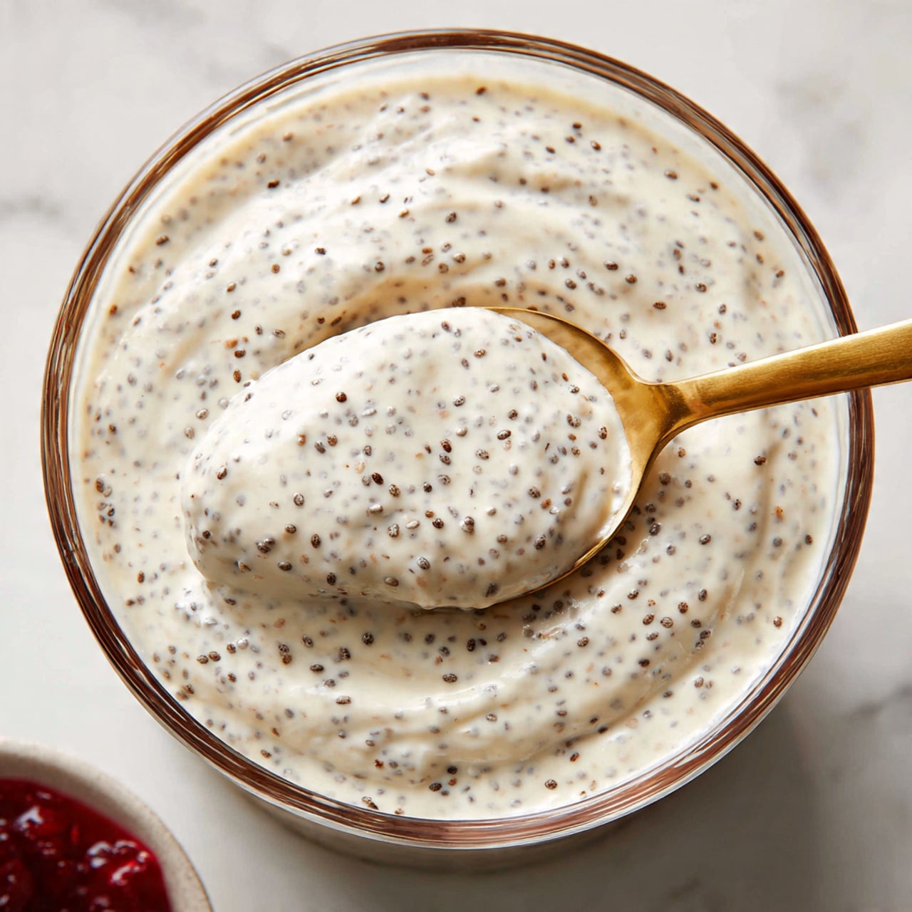 A clear glass bowl filled with a creamy white mixture that contains small black chia seeds evenly spread throughout, showing a thick yet smooth texture. A golden spoon is dipping into the mixture, partially lifting some of it, with the spoon's bowl covered by the creamy chia mixture. The bowl is placed on a white marbled surface with a small glimpse of a red object near the lower left edge. The image is bright and close-up, focusing on the texture of the pudding. photo taken with an iphone --ar 4:5 --v 7