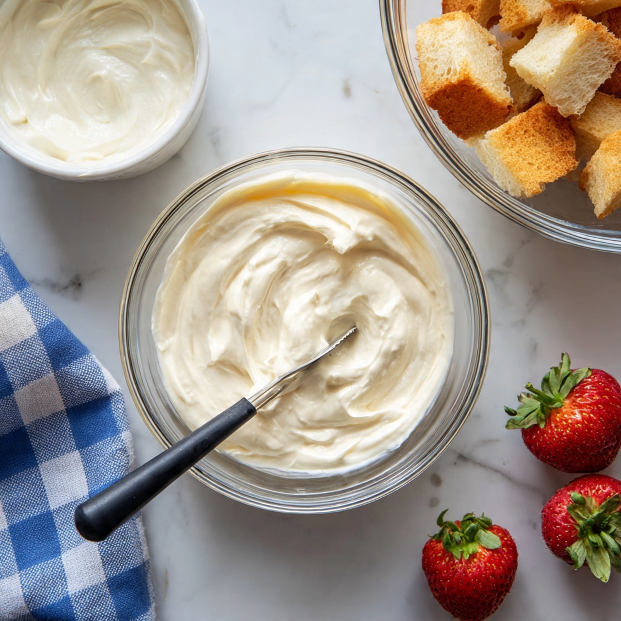 A slice of layered dessert sits on a white plate with another white plate underneath, placed on a white marbled surface. The dessert has three visible layers: the bottom is a light yellow sponge cake, the middle is a soft pink cream layer, and the top layer is a thick pile of white whipped cream with small pieces of red strawberries embedded in it. On top of the whipped cream is a fresh strawberry quarter with a bright red color, showing its juicy texture. In the background, there is a clear glass cake stand with more of the same dessert inside and a small white basket filled with whole strawberries. The image is bright and clean, with soft natural lighting. Photo taken with an iphone --ar 4:5 --v 7