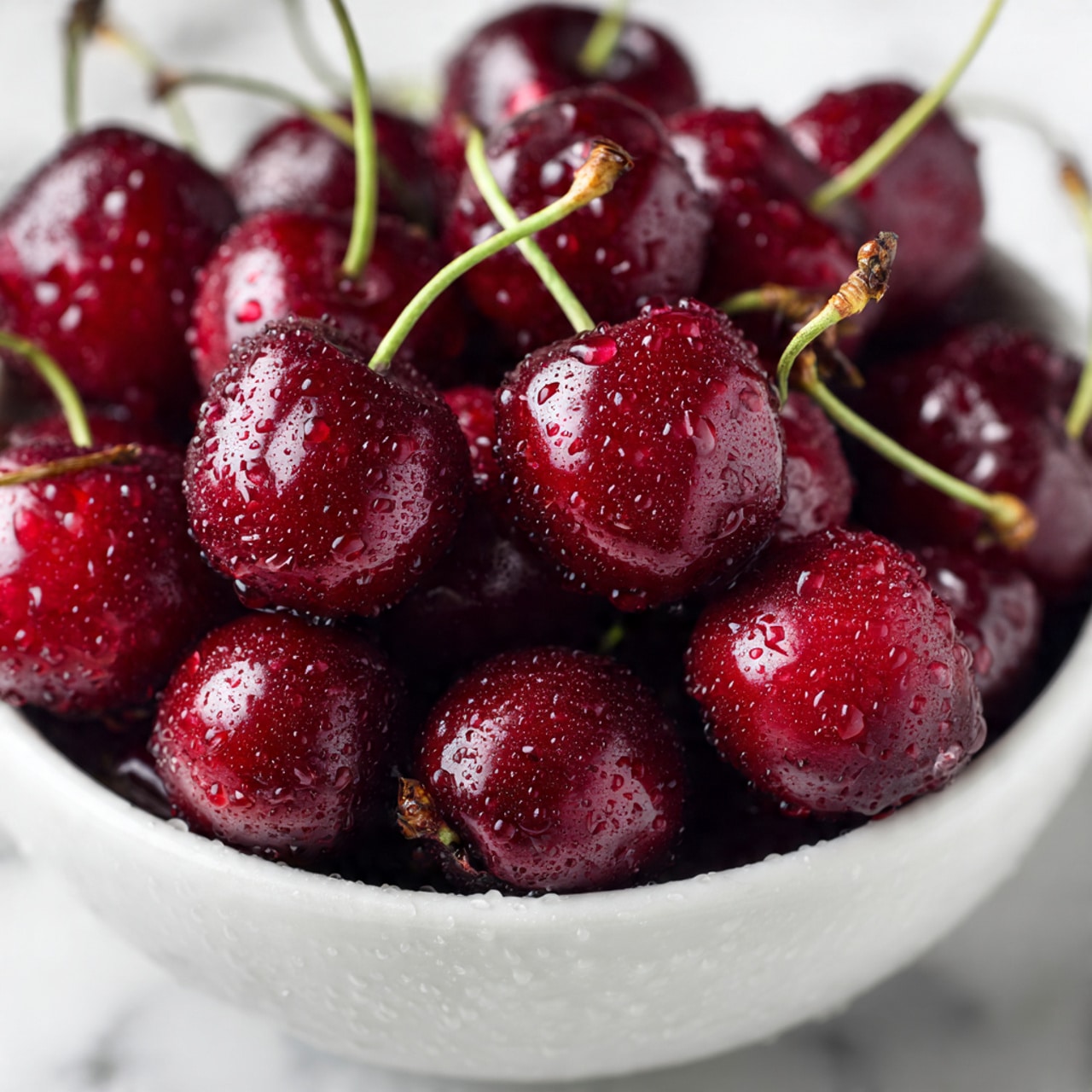 A tall clear glass is filled with a thick, deep red smoothie with a smooth texture. On top of the smoothie are two shiny red cherries with green stems placed side by side near the center. Small black and white chia seeds are scattered over the surface of the smoothie and around the cherries. The glass sits on a white plate with a floral pattern of small pink and blue flowers. One additional cherry lies on the plate next to the glass. The whole setup is placed on a white marbled surface. photo taken with an iphone --ar 4:5 --v 7