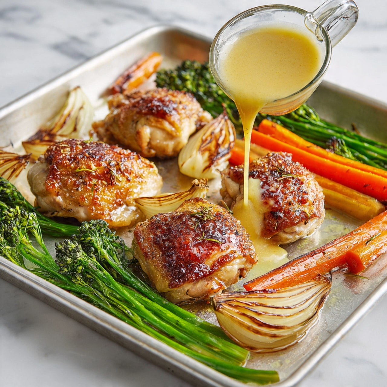 The image shows a close-up of cooked chicken pieces with a golden-brown grilled surface. The chicken rests among a mix of bright green broccoli, orange sliced carrots, and soft, roasted white onion wedges with slightly browned edges. There are two bright yellow lemon wedges placed on top of the chicken, adding a fresh touch. Small green herb leaves and black pepper are sprinkled over the dish. A white spatula is lifting one piece of chicken among the colorful vegetables. The whole dish sits on a white marbled surface. photo taken with an iphone --ar 4:5 --v 7