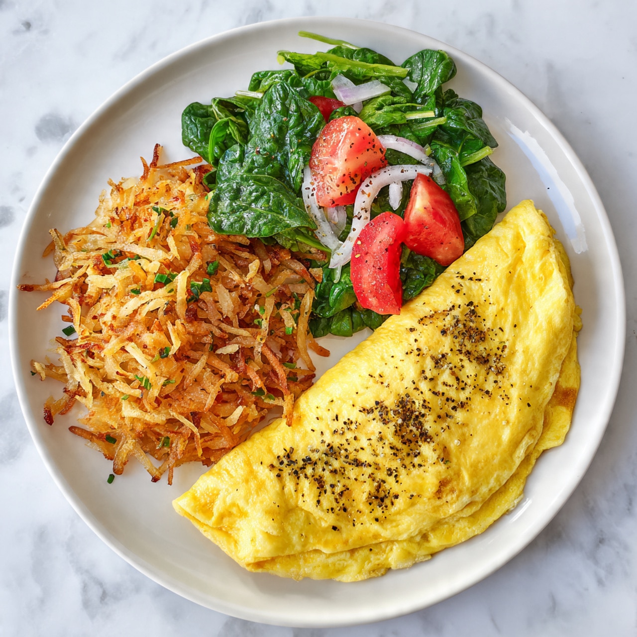 A white plate on a white marbled surface holds a meal with three parts: in the center, there is a smooth, folded yellow omelet sprinkled with black pepper; to the left, there is a pile of golden-brown shredded hash browns with some crispy edges; to the right, a small salad with dark green spinach leaves, bright red tomato chunks, and thin slices of onion, all lightly coated with black pepper. The colors contrast well with the pale plate, making the food look fresh and inviting. photo taken with an iphone --ar 4:5 --v 7