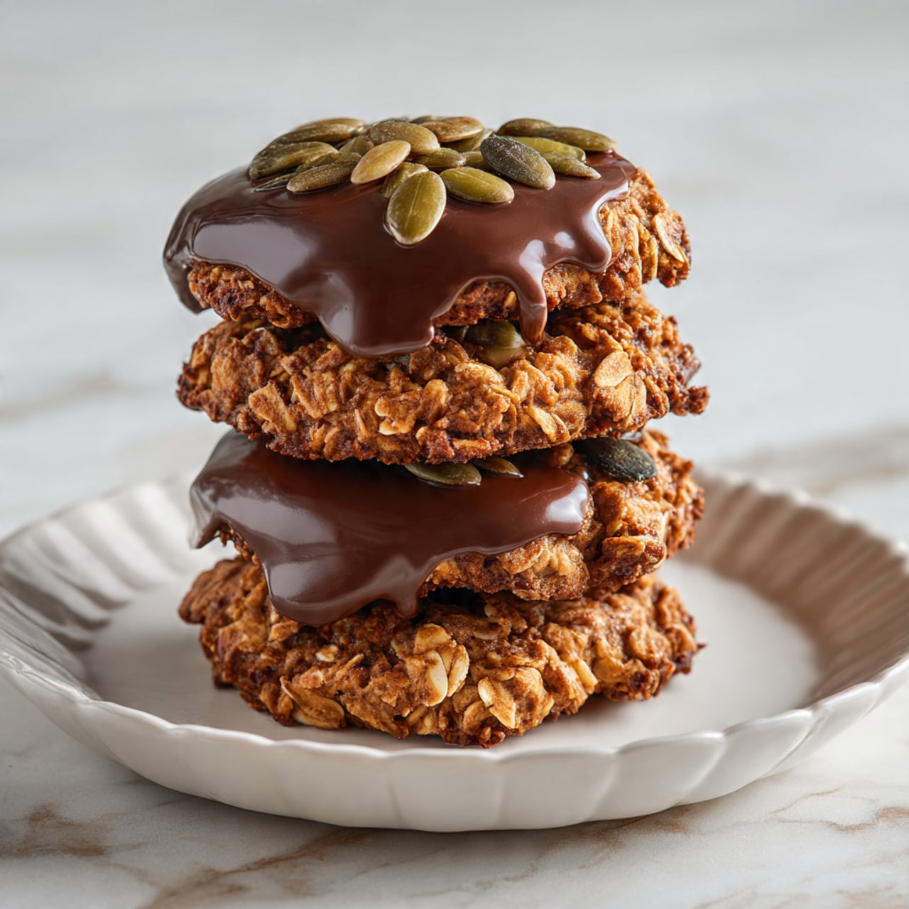 A stack of four thick oatmeal cookies with a rough, chunky texture showing oats and bits of pumpkin seeds, each cookie partially coated on one side with smooth, glossy melted chocolate that drips slightly down the edges. The cookies are arranged one on top of another on a white, scalloped-edge plate, which sits on a white marbled surface. The background is soft and light, making the warm browns and dark chocolate of the cookies stand out clearly. photo taken with an iphone --ar 4:5 --v 7