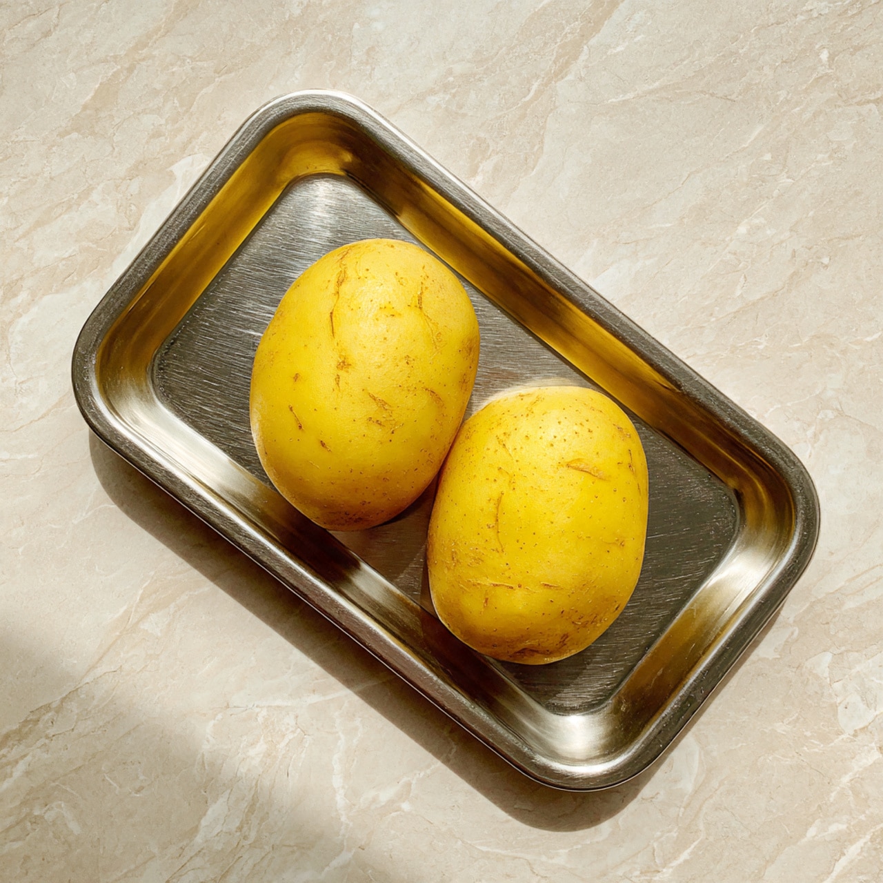 A white rectangular dish filled with a layered casserole. The bottom layer is a mix of light-colored ingredients with small bits of red and green, likely vegetables mixed into a creamy base. On top of this is a thick layer of shredded cheese in yellow and white colors, spread evenly across the entire dish. The dish is placed on a white marbled surface, showing a clean and simple background. Photo taken with an iphone --ar 4:5 --v 7