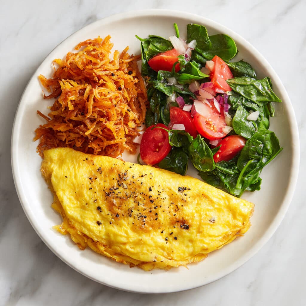 Easy Omelet Dinner for One with Sweet Potato Hash Browns and Green Salad Recipe