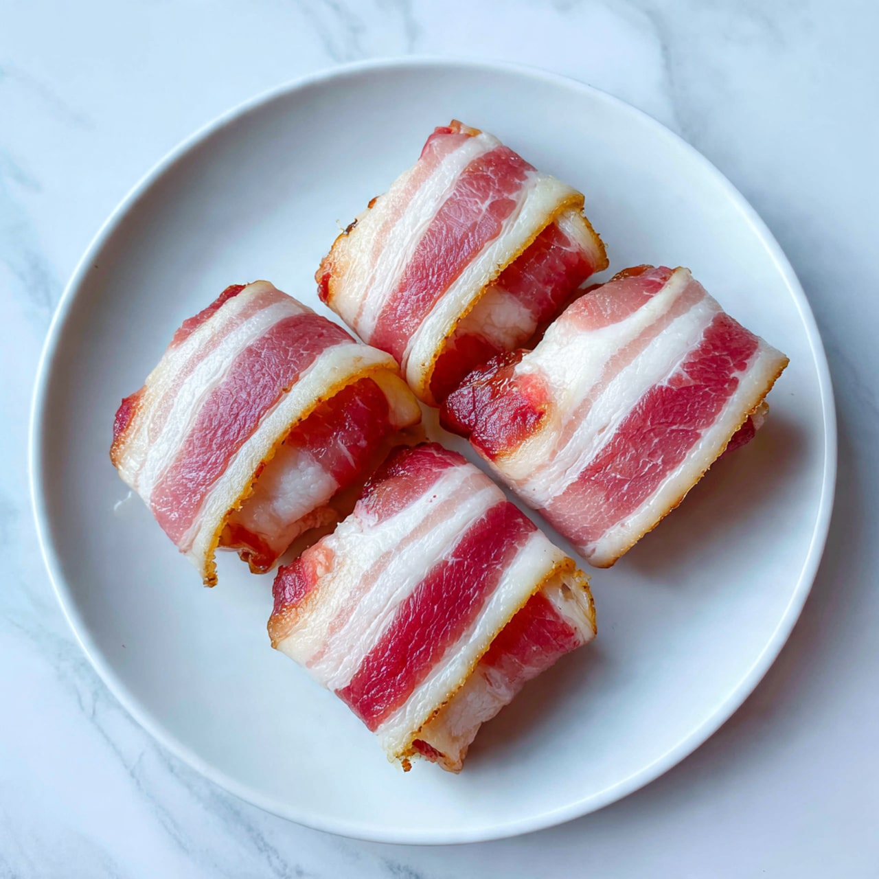 Three pieces of food wrapped with raw bacon strips are placed side by side on a white plate. Each piece shows layers of pink and white bacon tightly wrapped around an inner item not fully visible. The bacon has a fresh, slightly shiny texture with visible fat and muscle bands. The plate sits on a white marbled surface without any other items around. photo taken with an iphone --ar 4:5 --v 7