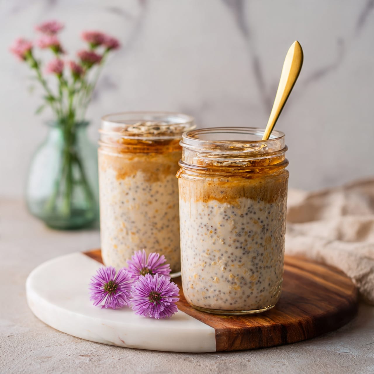 The image shows two clear glass jars filled with layered overnight oats. Each jar has three visible layers: the bottom layer is light beige oats, the middle layer is a creamier, speckled mix of oats and chia seeds with a slightly darker beige color, and the top shows a thin golden syrupy layer. A golden spoon is placed in the jar closer to the camera. The jars sit on a round white marble board with a wooden section at the bottom right, and two purple flowers rest on the board near the front jar. In the background, there is a blurred vase with green stems and small pink flowers. The surface under the board looks like light wood, but the background wall has a white marbled texture. Photo taken with an iphone --ar 4:5 --v 7
