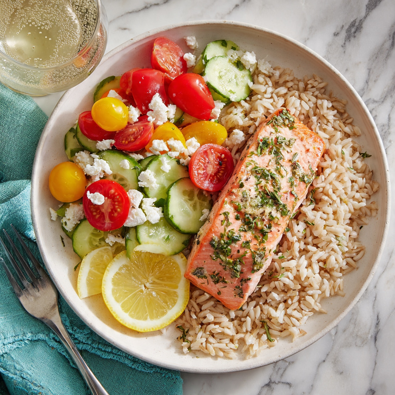 A white plate holds a meal with three main layers: a base of light brown rice spread out on one side, topped by a pink-orange cooked salmon fillet sprinkled with green herbs on the right side, and a fresh salad on the top left made of green cucumber slices, halved red and yellow cherry tomatoes, and crumbled white cheese. Two lemon wedges are placed on the rice at the bottom left. The plate is on a white marbled surface with a teal cloth and silver fork next to it, and a glass of a bubbly clear drink on the upper right corner. Photo taken with an iphone --ar 4:5 --v 7