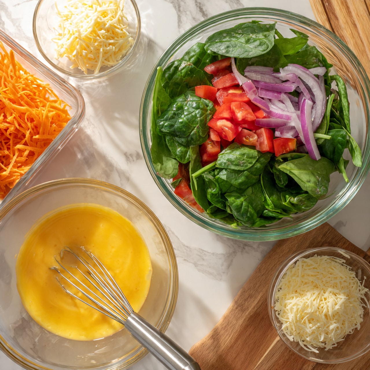 A clear glass bowl on a white marbled surface holds a fresh salad with bright green spinach leaves, chopped red tomatoes, and thin slices of purple onion mixed in. Next to it is a small clear container filled with finely shredded white cheese. Below, a transparent bowl contains a smooth yellow mixture of beaten eggs with a silver whisk resting inside. To the left, a clear plastic container holds shredded orange carrots. The wooden table underneath adds warm contrast but the background is white marbled texture. photo taken with an iphone --ar 4:5 --v 7