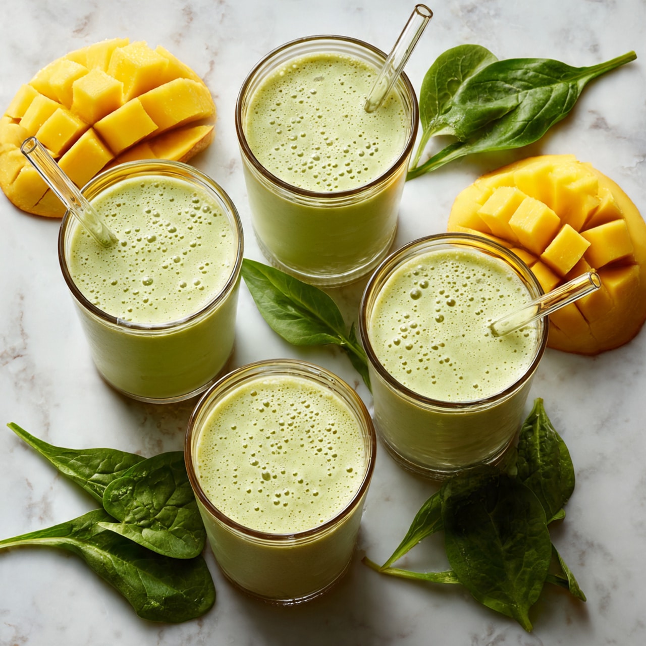 Four glasses filled with smooth, pale green smoothie are arranged on a white marbled surface. Two glasses have clear straws inserted, and the other two do not. Around the glasses, bright yellow chunks of mango and fresh green spinach leaves are scattered, with one mango cut open to show its grid pattern of cubes. The green smoothie has a creamy texture with small bubbles on the surface. photo taken with an iphone --ar 4:5 --v 7