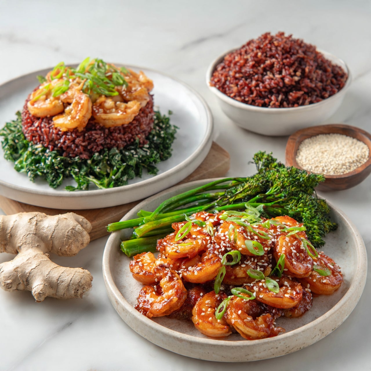 A clear glass bowl sits on a white marbled surface, filled with raw shrimp marinating in a dark brown sauce. The shrimp are pale orange and pink, plump and slightly curled, scattered evenly in the sauce that has small bits of light yellow garlic floating throughout. The sauce is glossy with a slightly oily texture, lightly covering each shrimp. Photo taken with an iphone --ar 4:5 --v 7