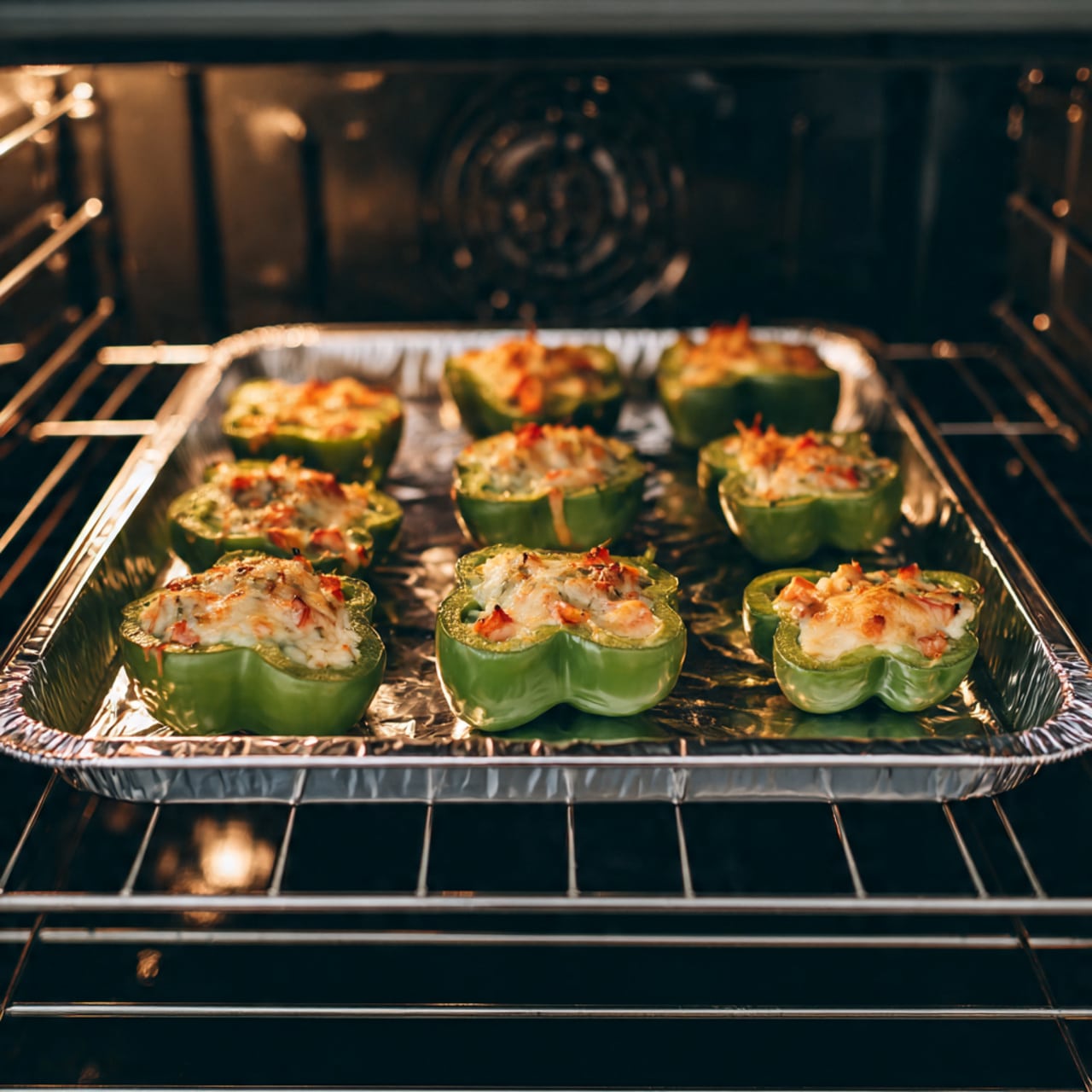 This image shows a metal tray with six large green poblano peppers that are roasted and darkened in spots. Each pepper is cut open and filled with a creamy-looking filling that has small pieces of ingredients like herbs and possibly meat or vegetables. The filling is light orange with green flecks, topped with melted yellow cheese that slightly browns and bubbles in places. The peppers are arranged unevenly on the tray, with the white marbled surface barely visible beneath. The light reflects off the cheese and the shiny skin of the peppers, giving a fresh, cooked look. photo taken with an iphone --ar 4:5 --v 7