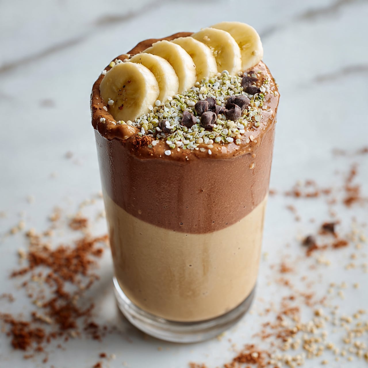 Two jars filled with smooth brown chocolate smoothie sit on a white marbled surface. Each jar is topped with a layer of melted peanut butter, dripping down the edges, and sprinkled with small white flakes and tiny dark pieces. In front of the jars are two fresh yellow bananas with smooth skin. Surrounding the jars and bananas are ingredients including small bowls of light brown powder and white seeds, two dark dried dates, and a glass jar with dark brown bits. The background is a white brick wall. Photo taken with an iphone --ar 4:5 --v 7