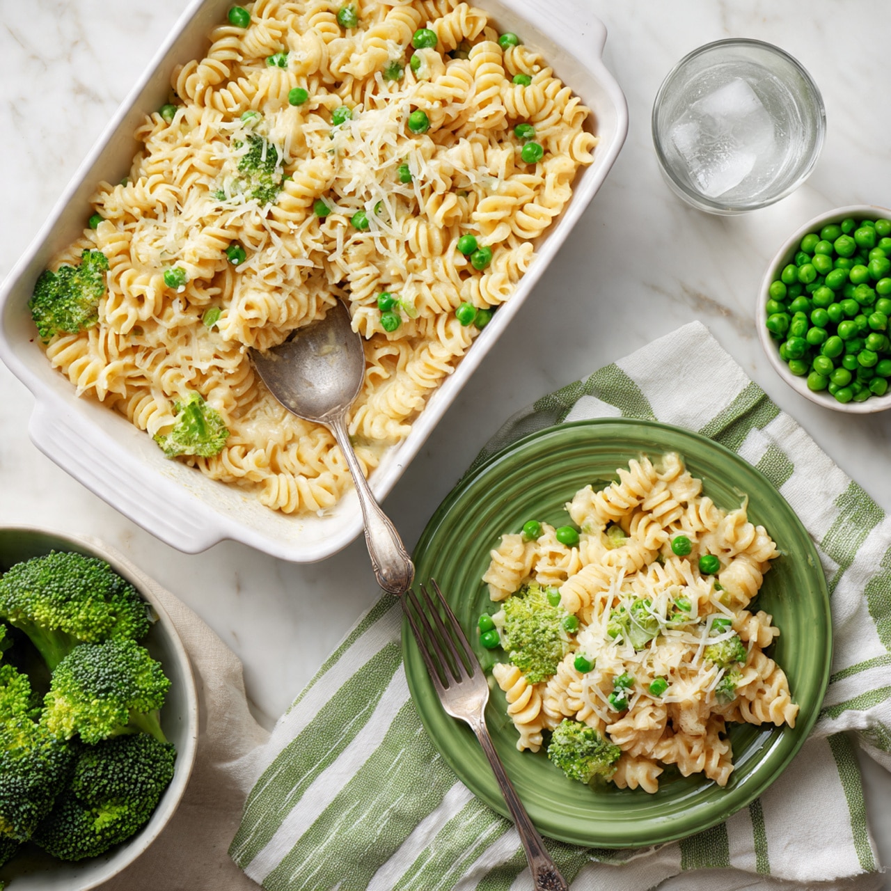 A white baking dish filled with creamy pasta mixed with green peas and broccoli, topped with shredded cheese, a silver spoon resting inside; below it, a green plate holds a portion of the same pasta with peas and broccoli, sprinkled with shredded cheese, and a silver fork placed on the plate’s edge; to the left, a white bowl contains fresh broccoli florets; a small white bowl with green peas and another small white bowl with ice water sit in the upper right corner, all placed on a white marbled surface with green and white striped cloths underneath some items. photo taken with an iphone --ar 4:5 --v 7