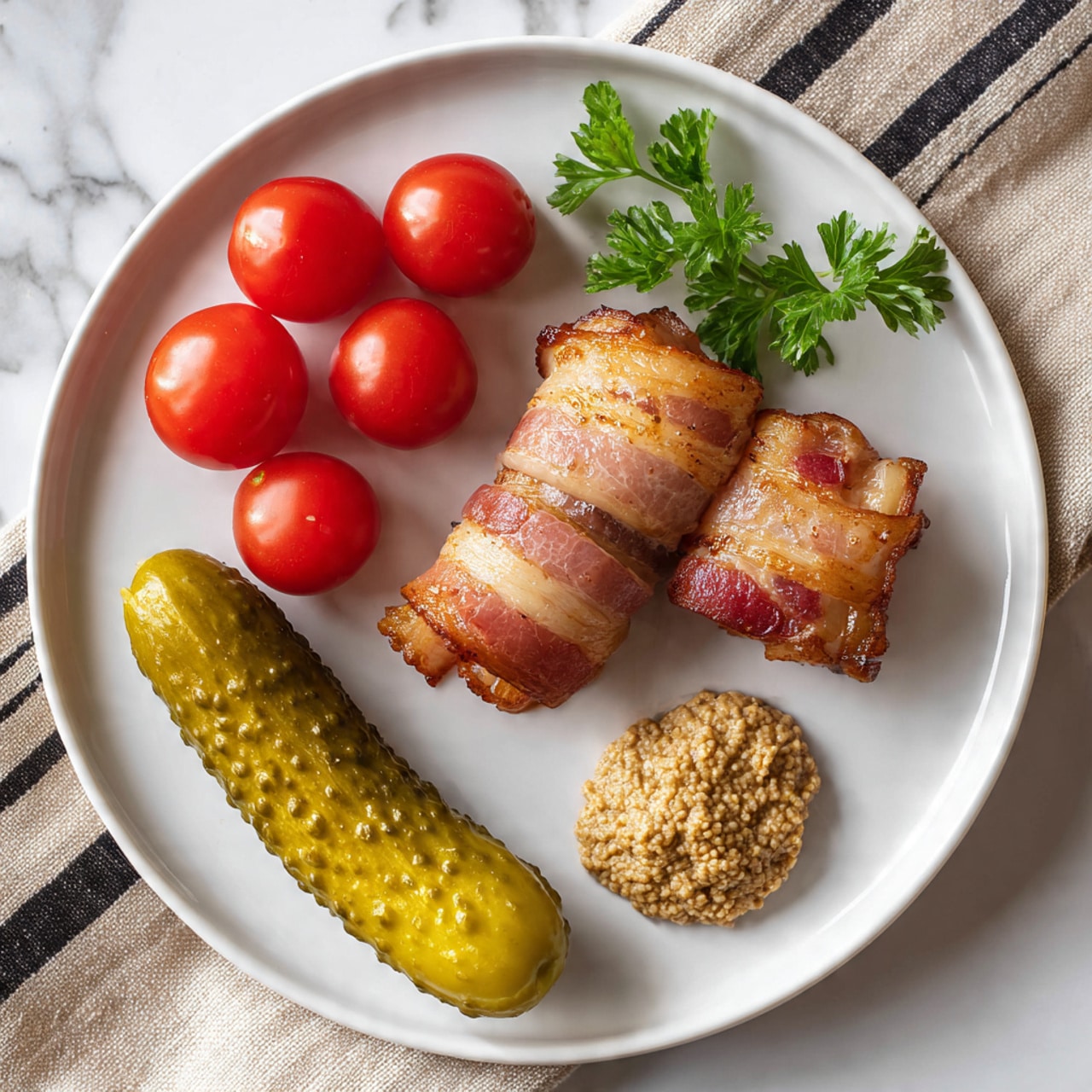 The image shows two pieces of cooked chicken wrapped in a crispy, browned bacon layer, resting on a white plate. One piece is whole, while the other is sliced to reveal a thick, white inner chicken layer wrapped tightly with the bacon. Fresh green parsley is sprinkled on top of the bacon, adding color, with some scattered around the plate. The plate sits on a white marbled textured surface, enhancing the clean and simple presentation. Photo taken with an iphone --ar 4:5 --v 7