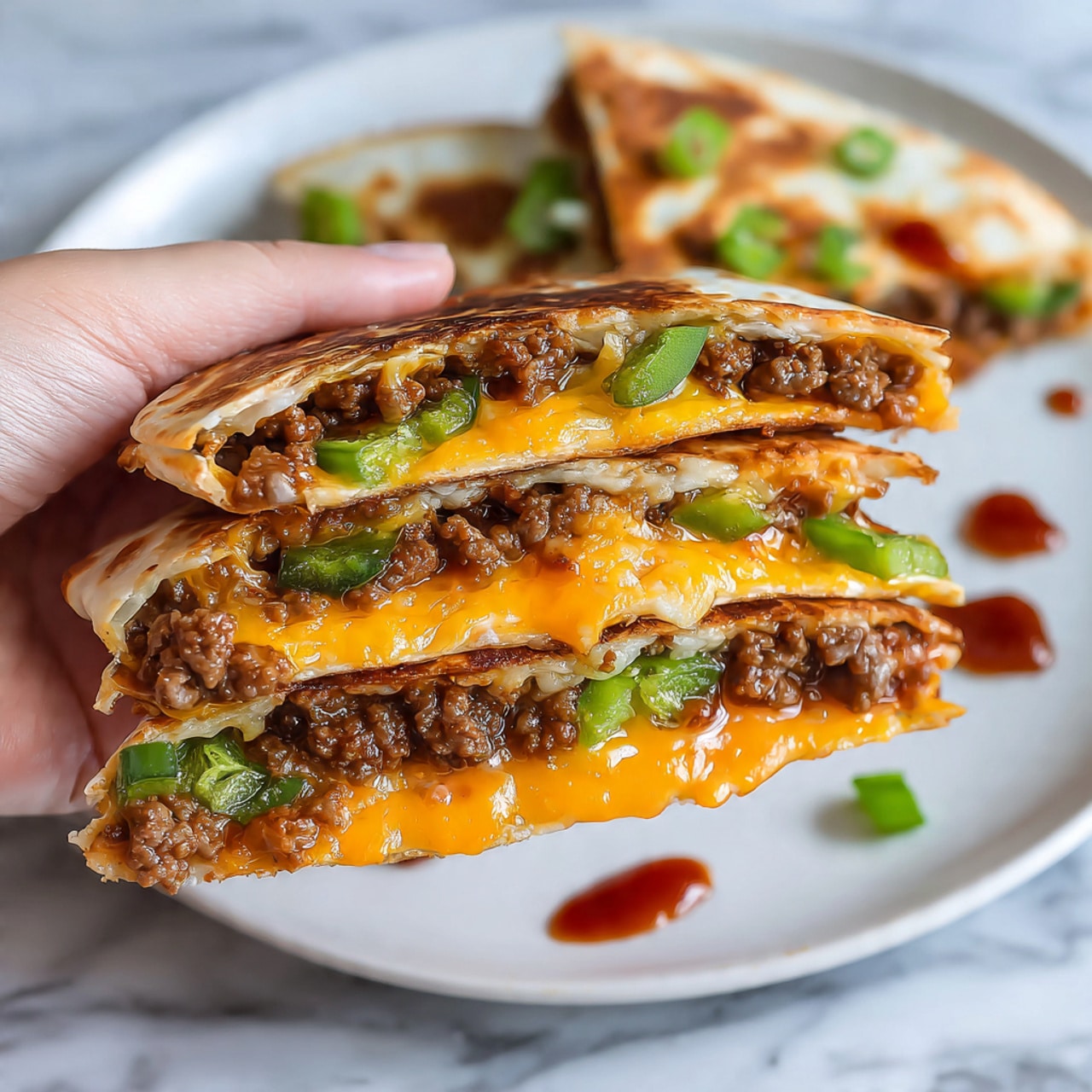 A close-up shows a woman's hand holding a folded quesadilla with three visible layers inside: crumbled cooked ground beef with a brown, crumbly texture; melted orange cheese that looks soft and stretchy; and fresh green sliced peppers adding a bright color contrast. In the background, there is a white plate with two triangular quesadilla pieces topped and surrounded by small drops of dark red sauce. The surface beneath is a white marbled texture. The photo is taken with an iphone --ar 4:5 --v 7