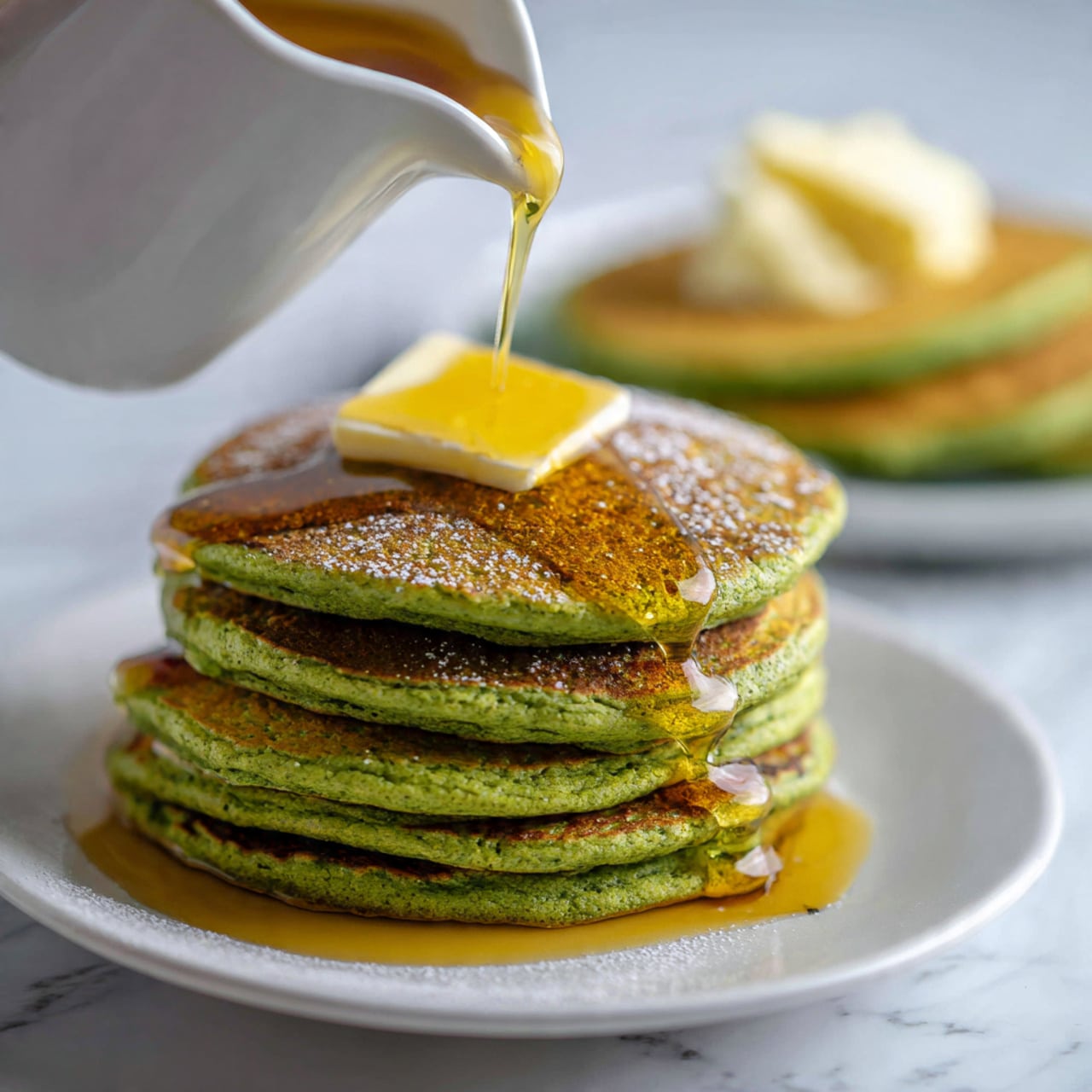 A tall stack of seven bright green pancakes is placed on a white plate. Each pancake is thick with a soft, slightly airy texture. On top, there is a dollop of light cream-colored butter slowly melting, and golden syrup is poured over the stack, dripping down the sides and pooling at the base. The background is a white marbled surface with hints of a yellow striped cloth and a white jug blurred out behind the plate. photo taken with an iphone --ar 4:5 --v 7
