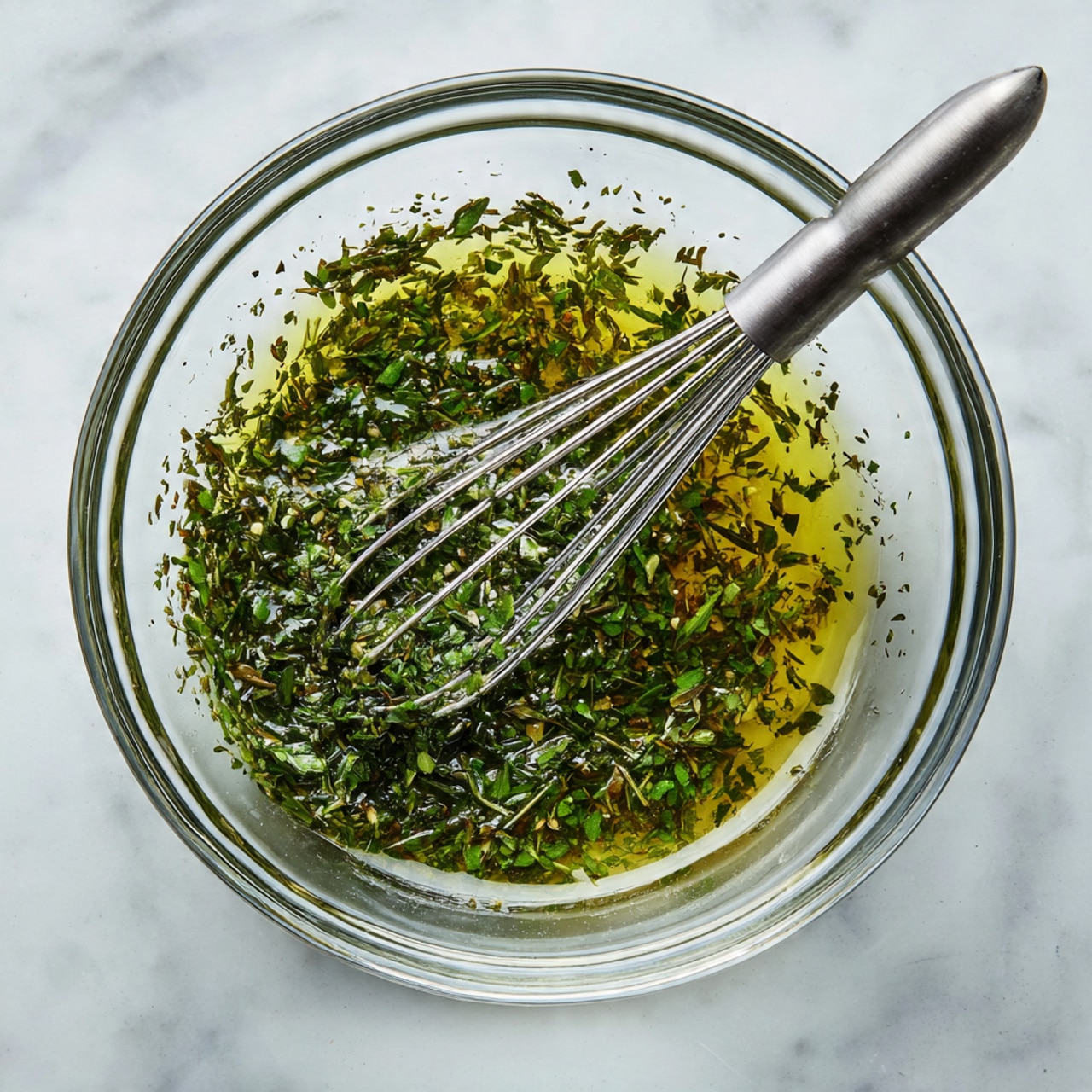 A clear glass bowl sits on a white marbled surface, filled with a green herb mixture that has a slightly oily texture and small leafy pieces scattered throughout. A silver metal whisk rests inside the bowl, partially submerged in the herb mix, with the handle extending outwards. The mixture is spread evenly in one layer inside the bowl with visible specks of herbs floating in a light green liquid base. photo taken with an iphone --ar 4:5 --v 7