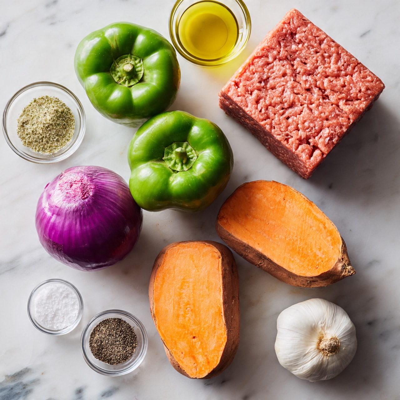 The image shows fresh ingredients arranged on a white marbled surface: two whole green bell peppers and one half of a purple onion with visible layers placed on the left side; two medium-sized orange sweet potatoes with a rough texture on the bottom right; a block of raw ground meat with a finely textured surface sits at the top right; a bulb of garlic with a few separated cloves is near the center; small glass bowls with salt and black pepper sit on the left side below the peppers and onion; a small clear glass container with yellow olive oil is placed near the middle top. photo taken with an iphone --ar 4:5 --v 7