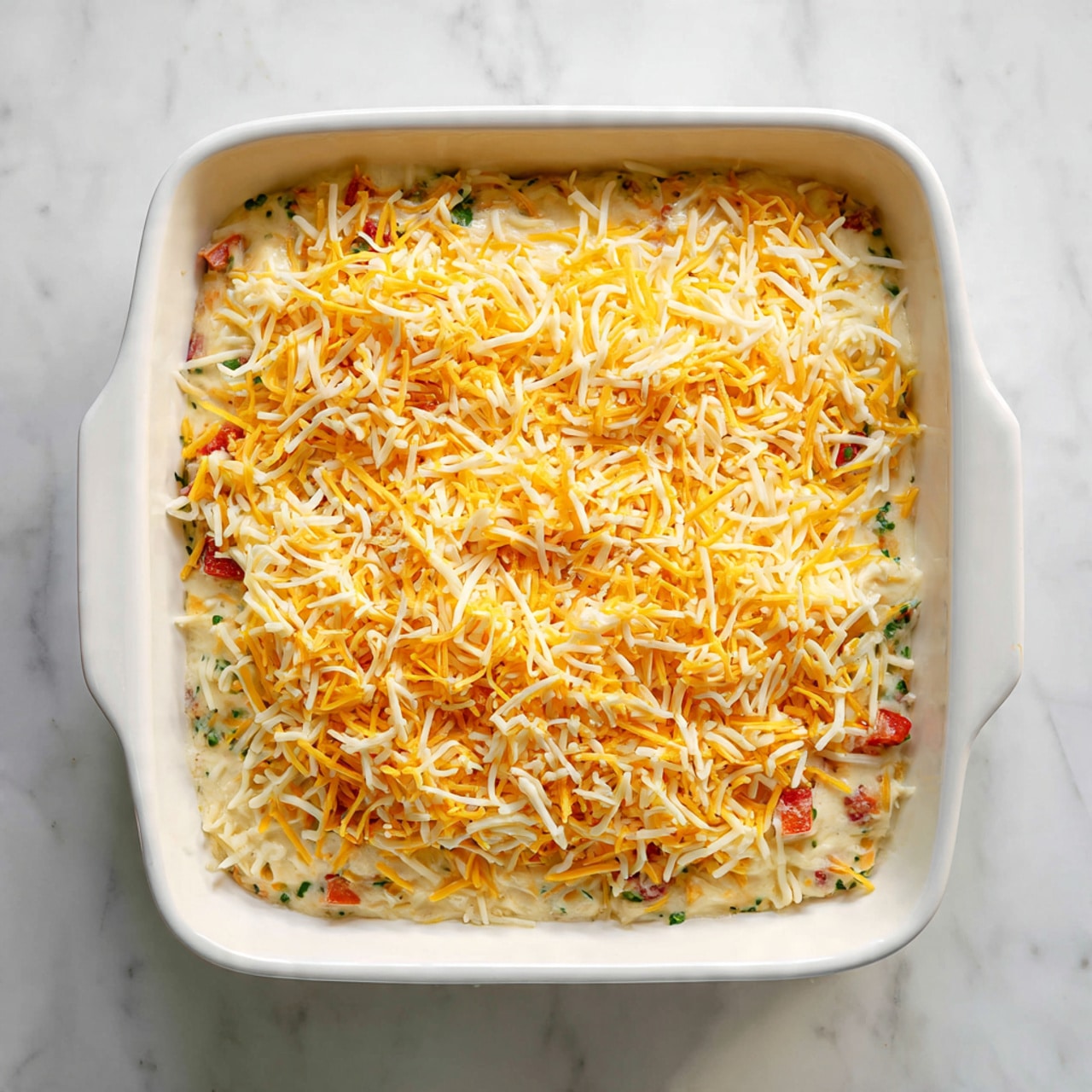 This image shows a white rectangular baking dish filled with a creamy baked casserole. The top layer is melted yellow cheese that covers mixed ingredients beneath, with small pieces of red tomato and green herbs sprinkled on top. Beneath the cheese, the casserole has a creamy texture with visible chunks of white meat and small pieces of green and red vegetables. A spoon with a wooden handle is scooping a portion from the bottom right corner, revealing the mixed, thick, and creamy inside. The dish is placed on a white marbled surface with a light gray cloth partially visible on the left side. Photo taken with an iphone --ar 4:5 --v 7