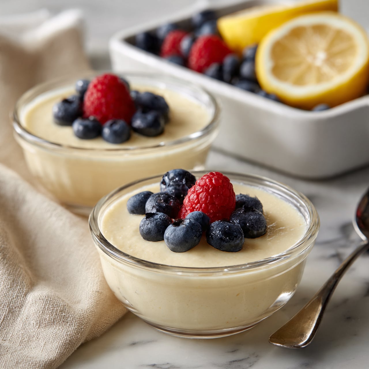The image shows seven lemon halves filled with smooth white cream, placed inside a white oval dish. Each lemon half has a bright yellow peel with a slightly bumpy texture around the creamy filling. Some of the lemon halves are topped with small red raspberries and dark blue blueberries, while others have light yellow lemon zest sprinkled on top, giving a fresh and colorful look. The white oval dish rests on a white marbled surface with light purple flowers visible around it. photo taken with an iphone --ar 4:5 --v 7