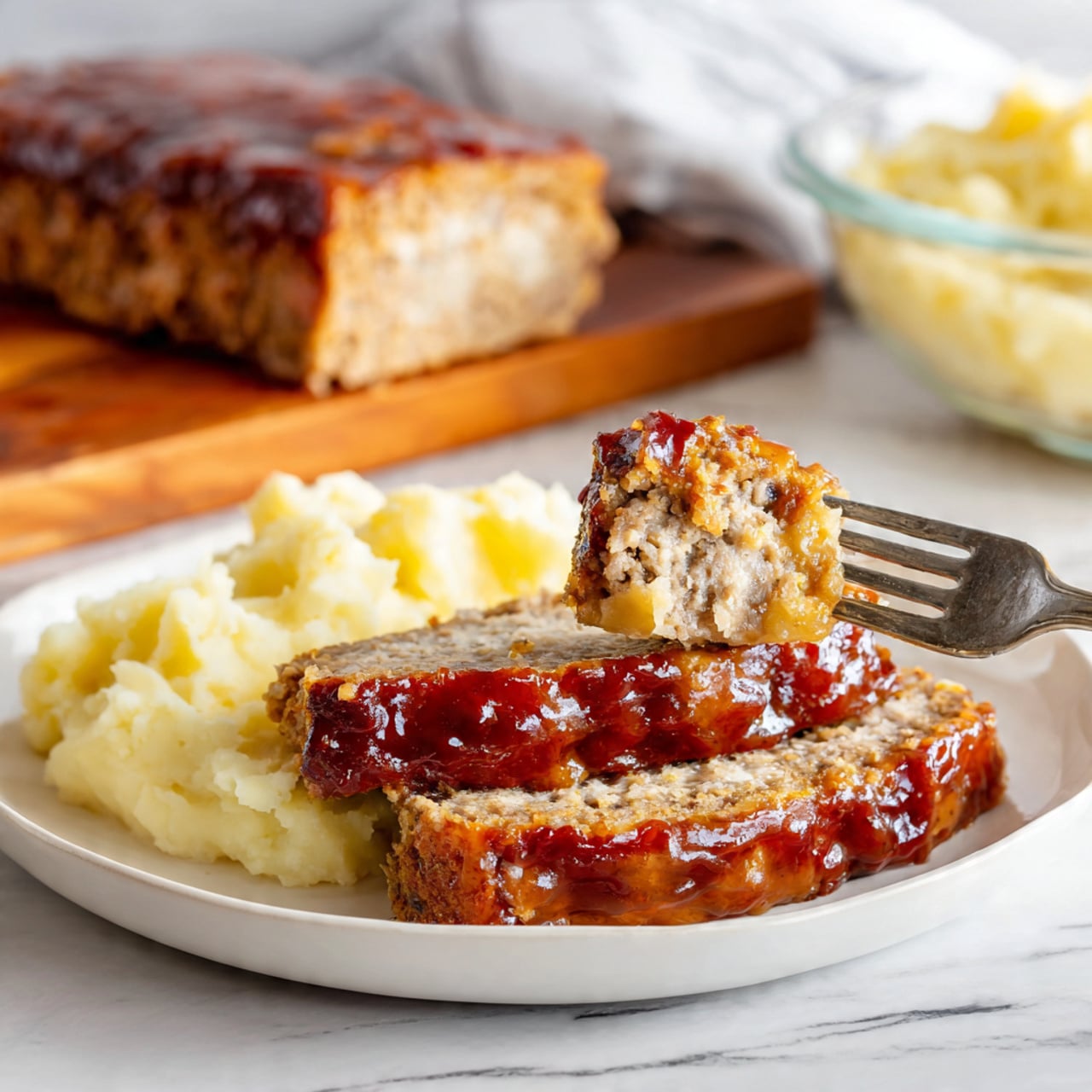 A glossy, brown glazed meatloaf sits on a light wooden cutting board with two thick slices cut from the front, showing a light beige, crumbly interior speckled with green herbs. Near the bottom right corner of the cutting board, there is a small sprig of fresh green parsley. In the background, a clear glass bowl filled with white mashed potatoes sits on a white marbled surface, slightly out of focus. A metal spoon handle is visible resting inside the bowl. The scene is bright and clean with soft lighting, photo taken with an iphone --ar 4:5 --v 7