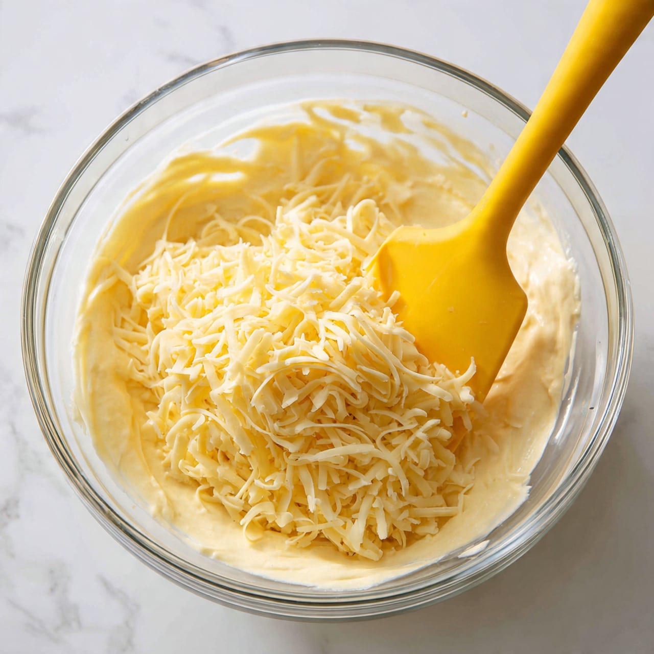 A clear glass bowl is filled with a mixture that has two layers: the bottom layer is pale yellow with a creamy texture, and the top layer is a thick heap of shredded light yellow cheese. A woman's hand is holding the bowl steady on the right side, while another woman's hand uses a bright yellow spatula to stir the cheese, causing some cheese shreds to blur with motion. The bowl is placed on a white marbled surface. photo taken with an iphone --ar 4:5 --v 7