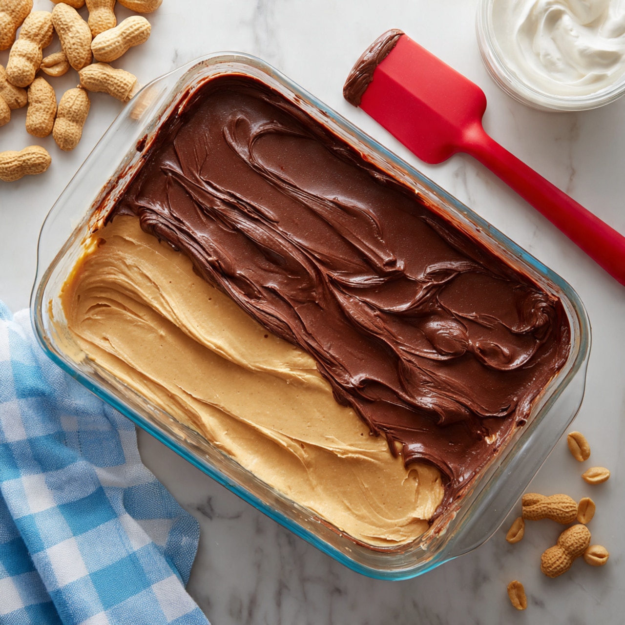 A glass rectangular dish with two layers of dessert mixture: the bottom layer is smooth, light tan peanut butter filling covering the entire base, while the top layer is thick, rich dark brown chocolate spread being evenly spread over about half the surface; a red spatula with some chocolate sits nearby on a white marbled surface, along with a container of white cream and some peanut-shaped cookies; a blue and white checkered cloth is partly visible in the corner. Photo taken with an iphone --ar 4:5 --v 7