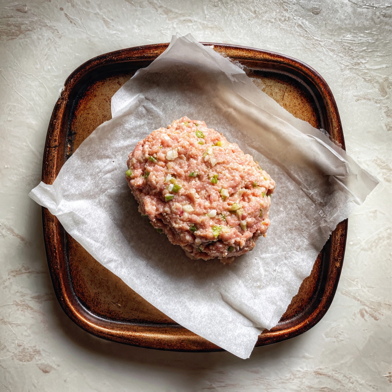 The image shows a white plate with three layers of food: mashed potatoes on the left side with a soft, creamy texture and pale yellow color, two thick slices of glazed meatloaf on the right with a shiny brown glaze on top and speckled white meat inside, and a silver fork piercing the front slice, lifting a piece of the meatloaf. Behind the plate, there are more slices of meatloaf on a wooden board, slightly out of focus, and a glass bowl filled with more mashed potatoes. The background is a white marbled texture. Photo taken with an iphone --ar 4:5 --v 7