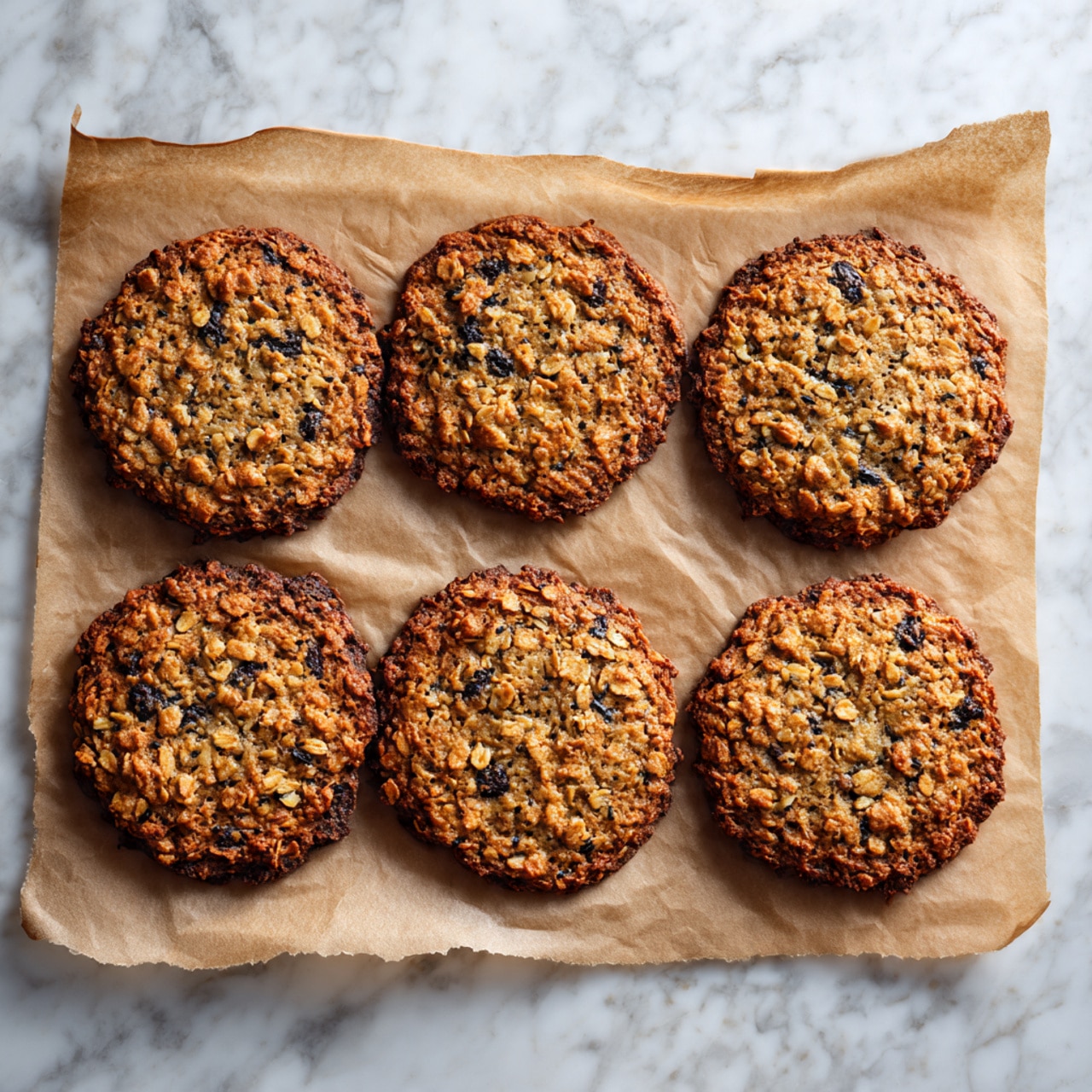 The image shows oatmeal cookies on a silver wire rack over a white marbled surface. Each cookie has two layers: the base is a rough textured oatmeal cookie with visible pumpkin seeds and oats, light brown in color with green pumpkin seeds scattered. The top layer covers about half the cookie, a glossy and smooth dark brown chocolate coating with a shiny surface and a few sprinkles of coarse salt. The cookies are thick and slightly uneven in shape, giving a homemade look. Photo taken with an iphone --ar 4:5 --v 7