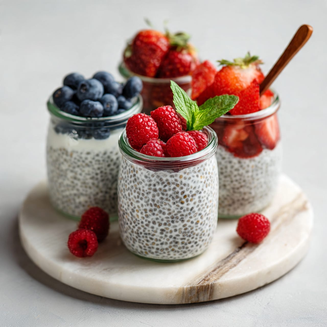 Four small clear glass jars are placed on a round white marble surface. Each jar has a white chia pudding layer with tiny black chia seeds. The front jar is topped with bright red raspberries and a small green mint leaf. Behind it, one jar is topped with blueberries, another with red strawberries, and the last has strawberries with a wooden spoon inside. The surface is clean with soft natural lighting. photo taken with an iphone --ar 4:5 --v 7