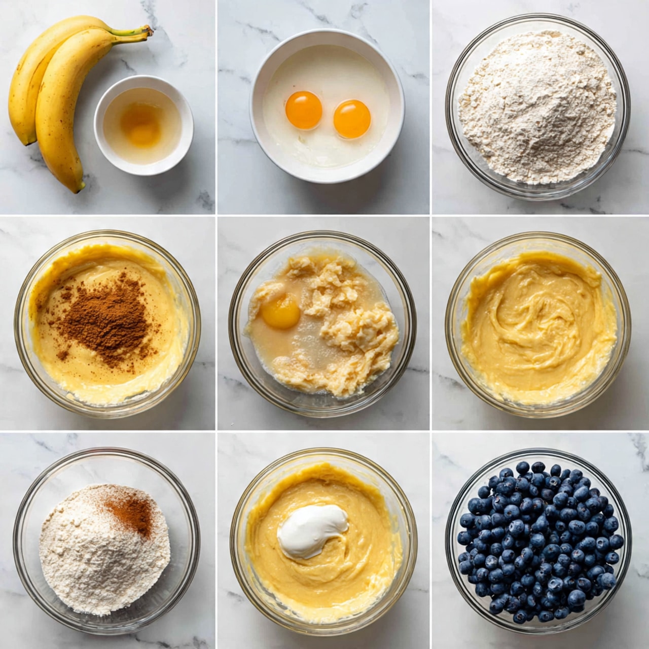 A group of ten golden brown blueberry muffins is spread out on a white marbled surface, each muffin showing small dark and purple blueberry spots baked inside. The muffins have slightly rough tops with small cracks and are lightly dusted with sugar crystals that catch the light. Loose fresh blueberries are scattered around the muffins, adding bursts of deep blue to the image. The muffins appear fluffy and moist with a soft texture. photo taken with an iphone --ar 4:5 --v 7