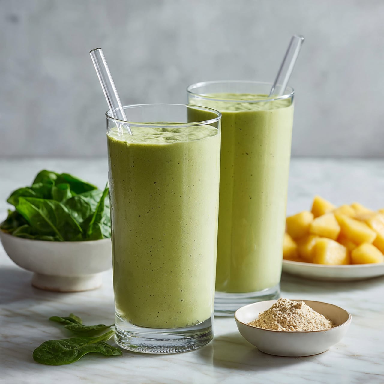 There are two tall clear glasses filled with a creamy green smoothie, topped smoothly but with some small bubbles on the surface. Each glass has a clear straw placed in it. In front of them, from left to right, there is a small white bowl of fresh spinach leaves, a small white bowl with a beige powder, and in the background to the right, a white plate holds light yellow frozen fruit pieces. The whole scene is set on a white marbled surface with soft natural light. photo taken with an iphone --ar 4:5 --v 7