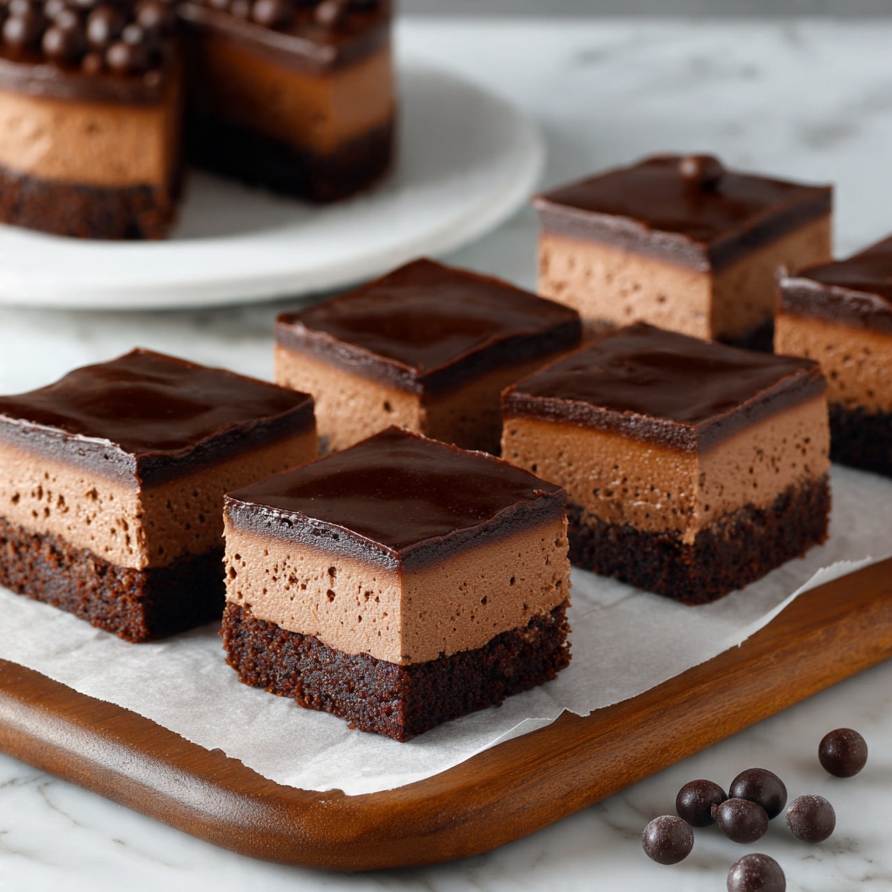 The image shows a stack of rich chocolate mousse squares with three visible layers: a dark, glossy chocolate top layer, a thick middle layer of light, airy chocolate mousse with a textured surface, and a dense, dark chocolate base. The topmost square has a swirl of creamy chocolate frosting in the center. The pieces are arranged on a wooden surface with chocolate beans and a piece of chocolate nearby, all set against a blurred background. The overall look is smooth, creamy, and dense with dark and light brown shades. Photo taken with an iphone --ar 4:5 --v 7