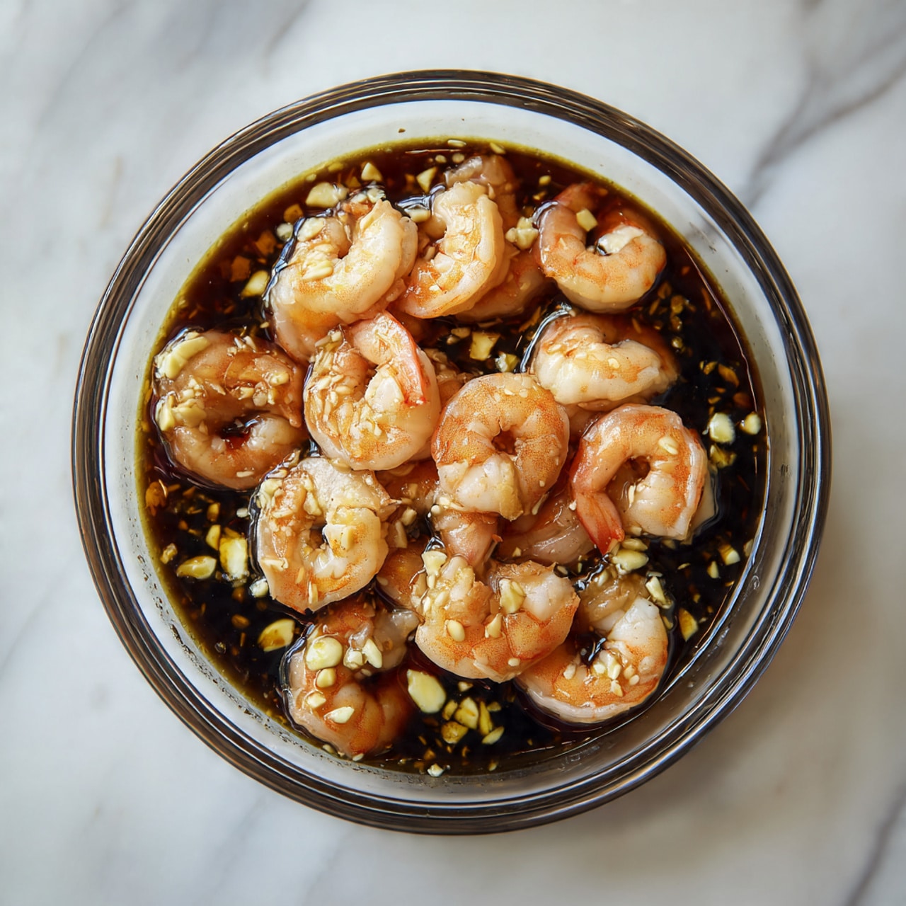 The image shows two plates on a white marbled surface. The top plate has three layers: a base of green leafy vegetables, a middle layer of reddish-brown rice, and shrimp on top, sprinkled with white sesame seeds and green onion slices. The bottom plate has two layers: on the left, a pile of reddish-brown shrimp sprinkled with sesame seeds and green onion slices, and on the right, green broccolini stalks. To the top right of the plates is a small white bowl filled with reddish-brown rice and a smaller white bowl filled with white sesame seeds. Fresh ginger root and two peeled garlic cloves lie on the white marbled surface to the left. photo taken with an iphone --ar 4:5 --v 7