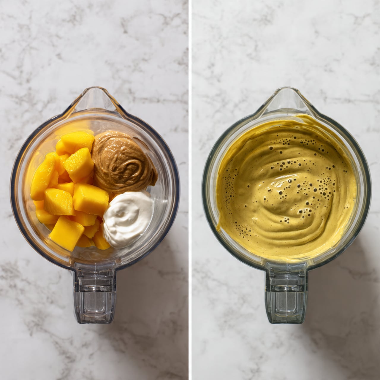 The image shows two top views of a blender on a white marbled surface. In the left image, the blender contains distinct layers: bright yellow mango chunks on the left, a dollop of thick white yogurt on the bottom right, a brown nut butter paste in the middle right, and a light beige frozen banana slice on the top right. In the right image, the same blender is filled with a smooth, thick, green-yellow blended mixture with a creamy texture and small bubbles on top. Photo taken with an iphone --ar 4:5 --v 7