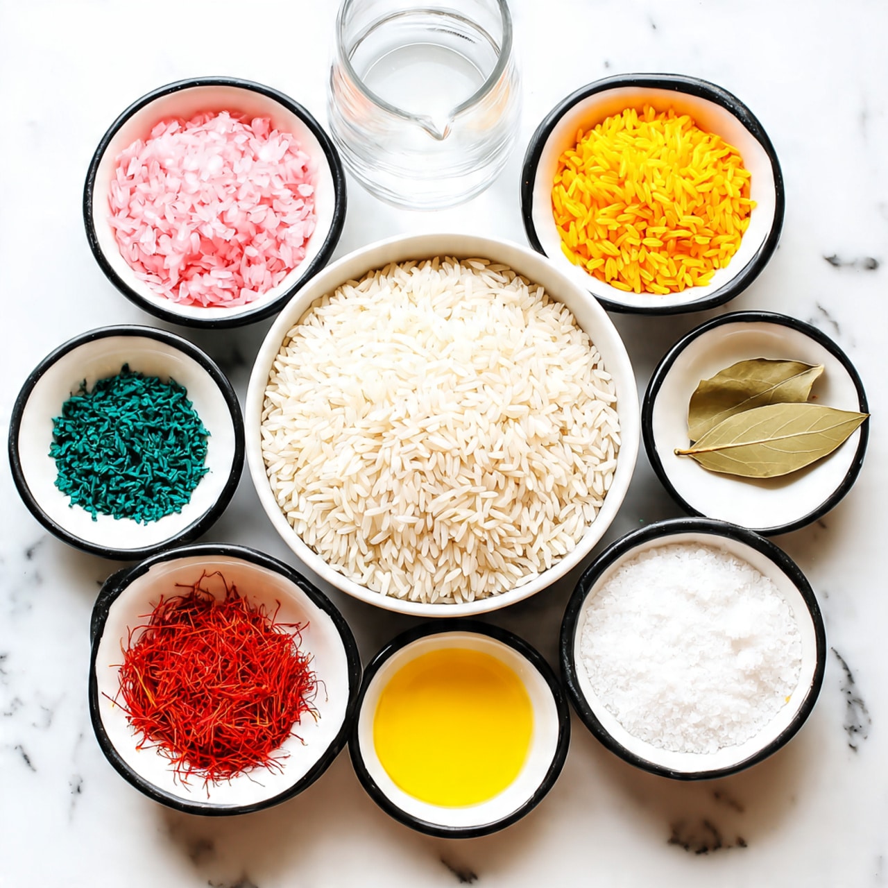 The image shows eight small white bowls arranged on a white marbled surface with blue floral tile patterns visible under some bowls. In the center, there is a large bowl filled with uncooked white rice, the rice grains are long and slender. Near the top, a bowl contains chopped white onions with a coarse texture. To the right, a bowl holds a single dried bay leaf. At the bottom right, a bowl has white coarse salt. Below the rice bowl, another bowl contains finely minced garlic, pale yellow in color. On the left side, a bowl is filled with golden yellow oil, smooth and glossy. Above it, a tiny bowl has a few thin strands of red saffron. The smallest bowl, to the upper left, holds finely chopped green herbs or zest. A clear glass jug of water is seen at the top center, tall and filled with clear liquid. The overall setup looks neat and organized. photo taken with an iphone --ar 4:5 --v 7