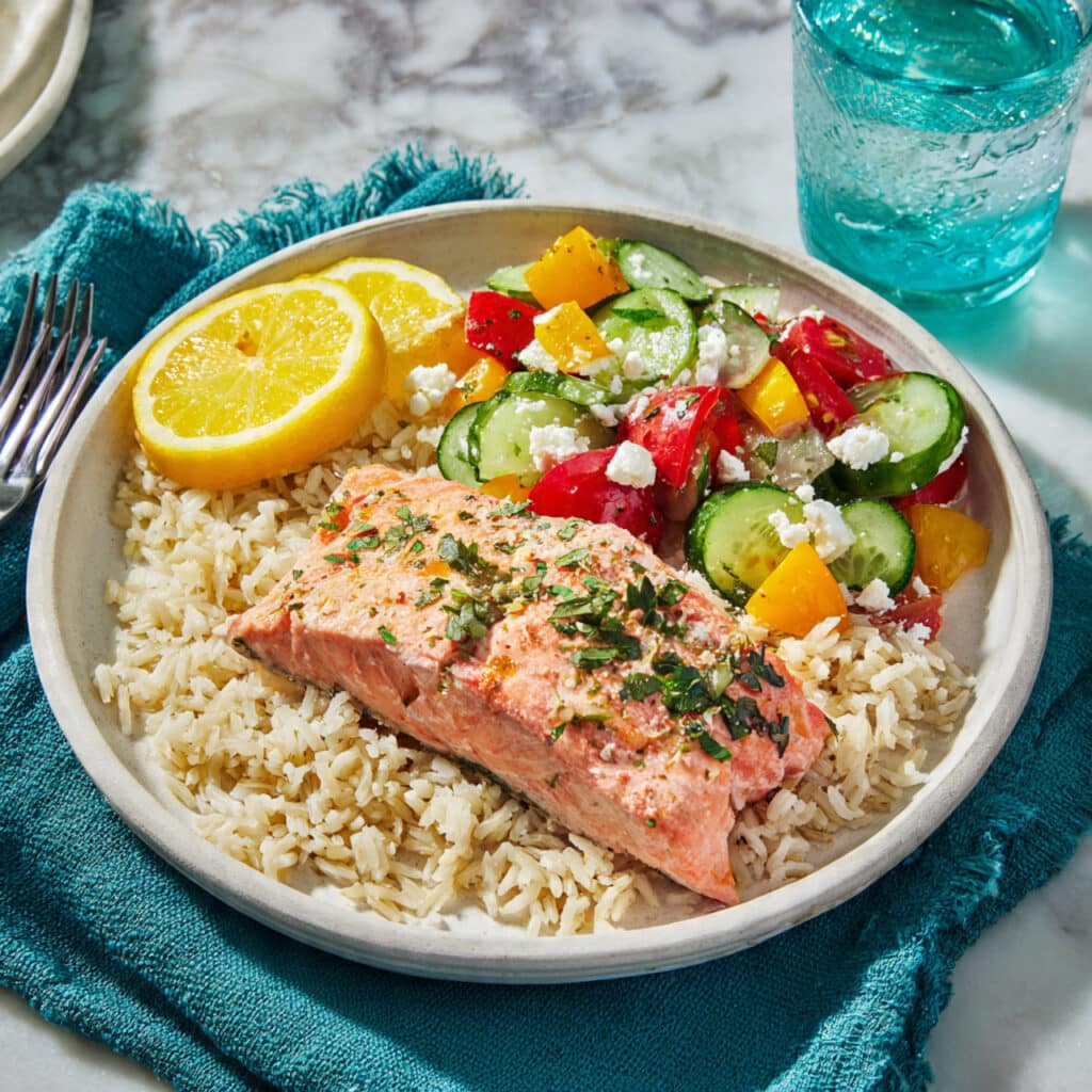 Lemony Salmon Rice Bowl with Feta, Cucumber & Tomato Salad Recipe
