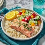 Lemony Salmon Rice Bowl with Feta, Cucumber & Tomato Salad Recipe