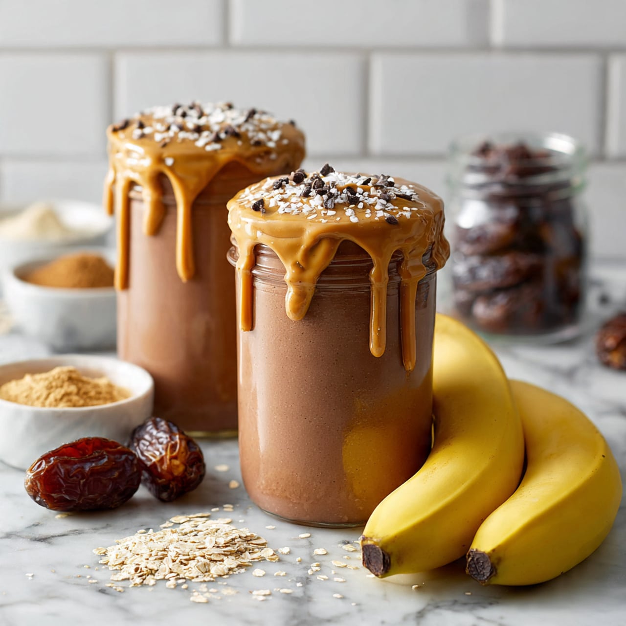 A tall clear glass filled with three main layers: the bottom layer is a light brown thick creamy smoothie, the middle layer is a slightly darker brown smoothie filling most of the glass, and the top layer is a chunky spread of nut butter-like texture that drips slightly over the glass rim. On top, there are three even slices of yellow banana arranged in a row, sprinkled with small white hemp seeds and a few dark brown cacao nibs. The glass sits on a white marbled surface with scattered small seeds and brown crumbs around it. photo taken with an iphone --ar 4:5 --v 7