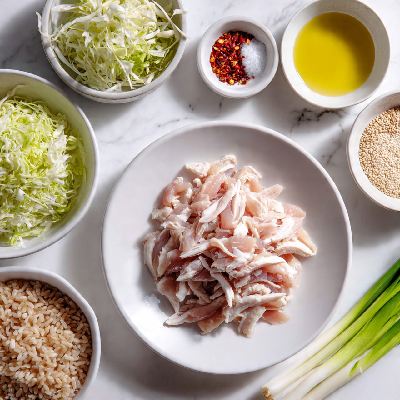 A white plate with thin, raw light pink chicken strips piled in the center, surrounded by a white bowl filled with green shredded cabbage and a small amount of white shredded vegetable on top. Nearby, a white plate holds fresh green spring onions with white bulbs. A bowl with cooked brown rice grains is also present, along with small containers of clear yellow oil, white salt, and red sauce with visible chili flakes. All items are set on a white marbled surface. photo taken with an iphone --ar 4:5 --v 7