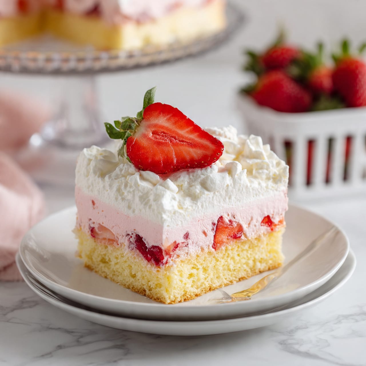 A clear glass bowl filled with smooth, thick white cream is centered. A woman's hand holds a black-handled metal spatula, stirring the cream with soft swirls. To the upper left, there is a round open white container filled with more white cream. To the upper right, a clear glass bowl contains uneven pieces of golden-browned bread. Fresh, whole strawberries with green tops are scattered on the white marbled surface near the bowls. A blue checkered cloth lies beneath the container and part of the bread bowl. Photo taken with an iphone --ar 4:5 --v 7