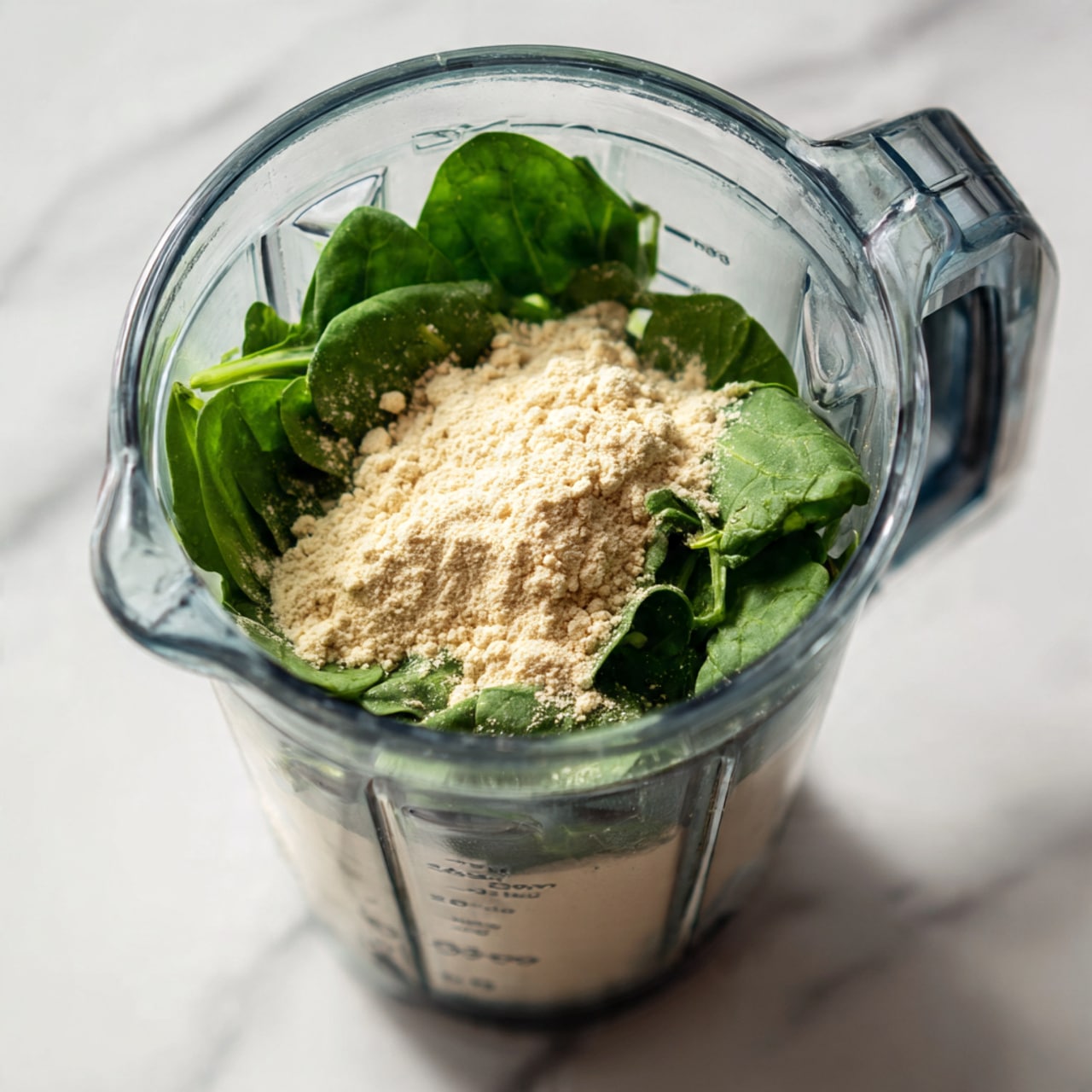The image shows a clear blender jar placed on a white marbled surface. Inside the blender, there are two main layers: the bottom layer is fresh spinach leaves in dark green with smooth textures, and the top layer is a light beige powder sprinkled unevenly over the spinach. The blender jar has a handle on the right side and shows measurement markings on the walls. Photo taken with an iphone --ar 4:5 --v 7