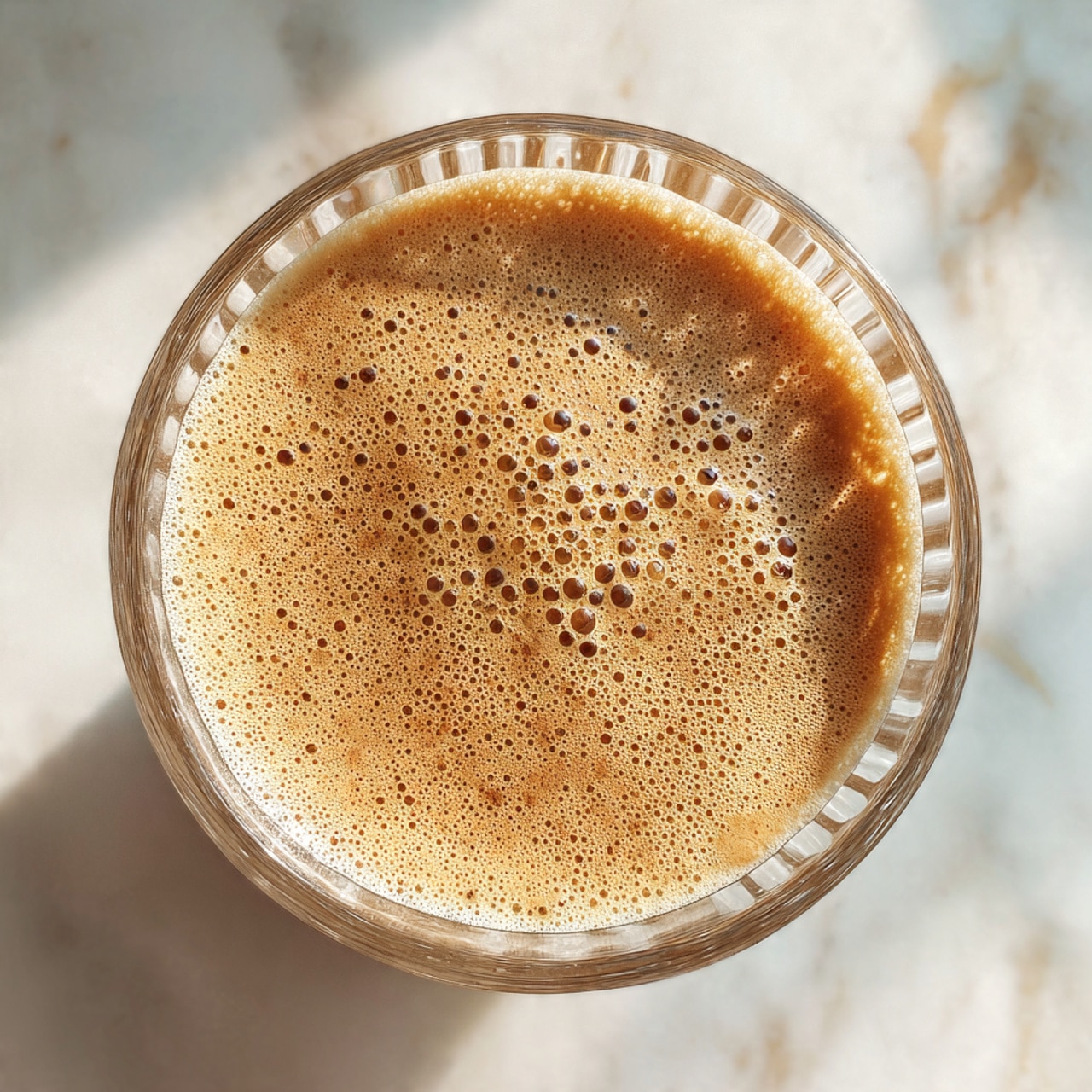 The image shows two clear glass jars filled with a creamy beige mixture that has small black chia seeds throughout, giving it a speckled texture. Each jar is topped with a layer of chopped dark brown dates, adding a glossy and chunky texture on top. One jar has a long, thin gold spoon inserted into it. The jars are placed on a round board with a white marbled surface, and there are a few pink flowers with green centers lying beside the jars on the board. The photo was taken with an iphone --ar 4:5 --v 7