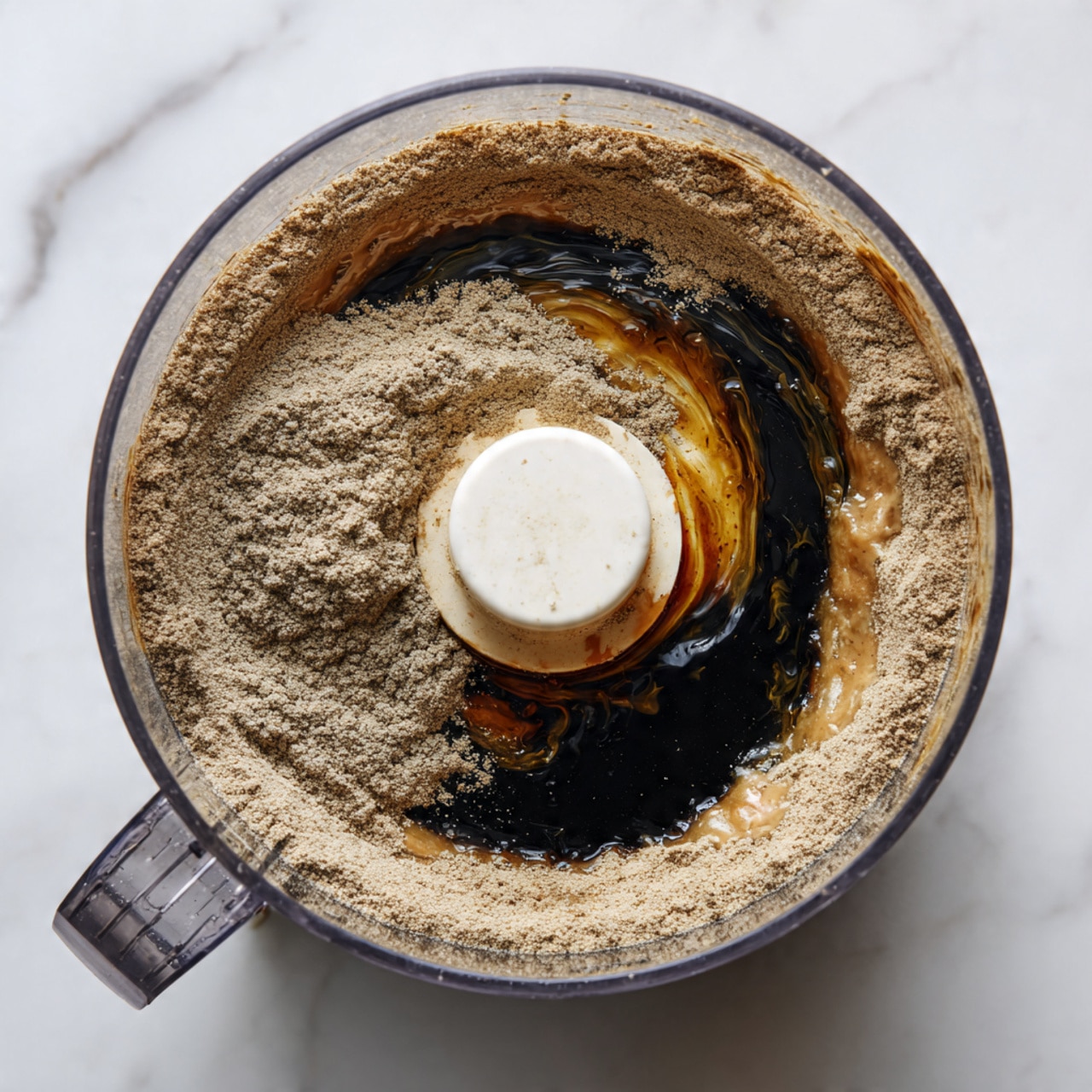 The image shows the top view of a food processor bowl sitting on a white marbled surface, filled with layers of dry and wet ingredients. The bottom layer is dark and shiny with melted butter and dark syrup-like liquid, while the upper layer is a thick coat of brownish-gray powder, evenly spread around the bowl with some liquid peeking through in the center. The food processor's white blade is visible in the middle, contrasting with the surrounding layers. The bowl is transparent with a clear handle seen on the lower left side. photo taken with an iphone --ar 4:5 --v 7