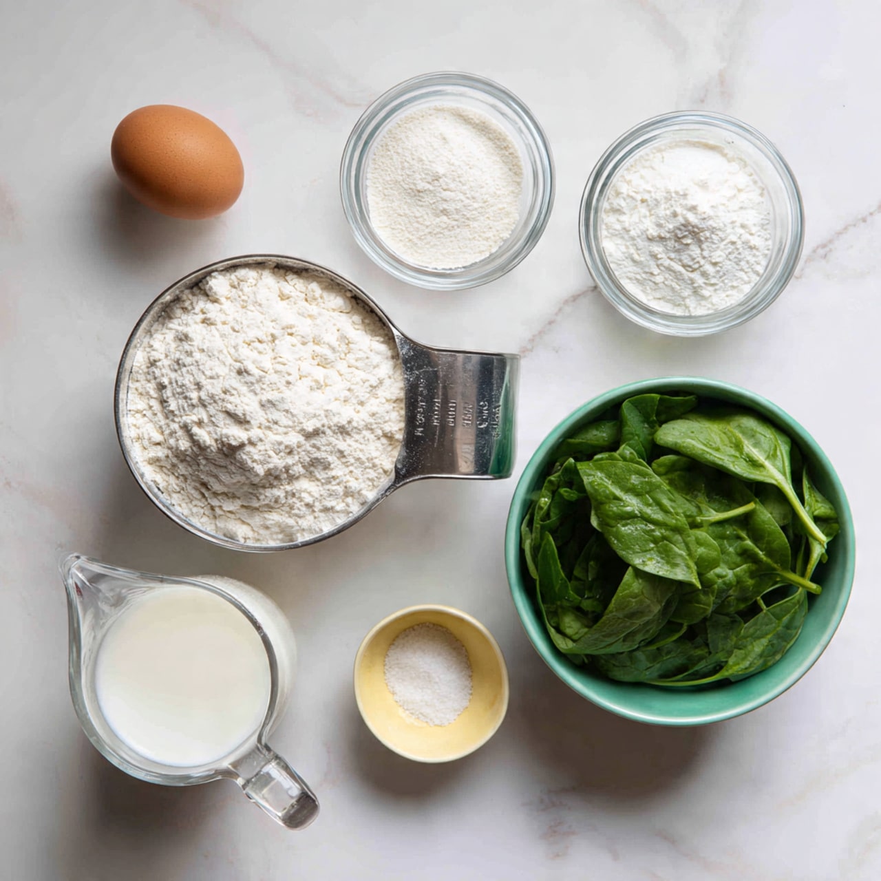 The image shows different cooking ingredients placed on a white marbled surface. There is one brown egg to the top left, below it are two small clear glass bowls with white powders inside. Near the middle, there is a silver metal measuring cup filled with white flour, and to its right, a clear glass bowl full of fresh green spinach leaves. Below the flour, there is a small green bowl with white salt, and beside it on the right is a small yellow bowl. Toward the bottom left, there is a clear plastic measuring cup with white liquid, likely milk. The arrangement is neat and well spaced. photo taken with an iphone --ar 4:5 --v 7