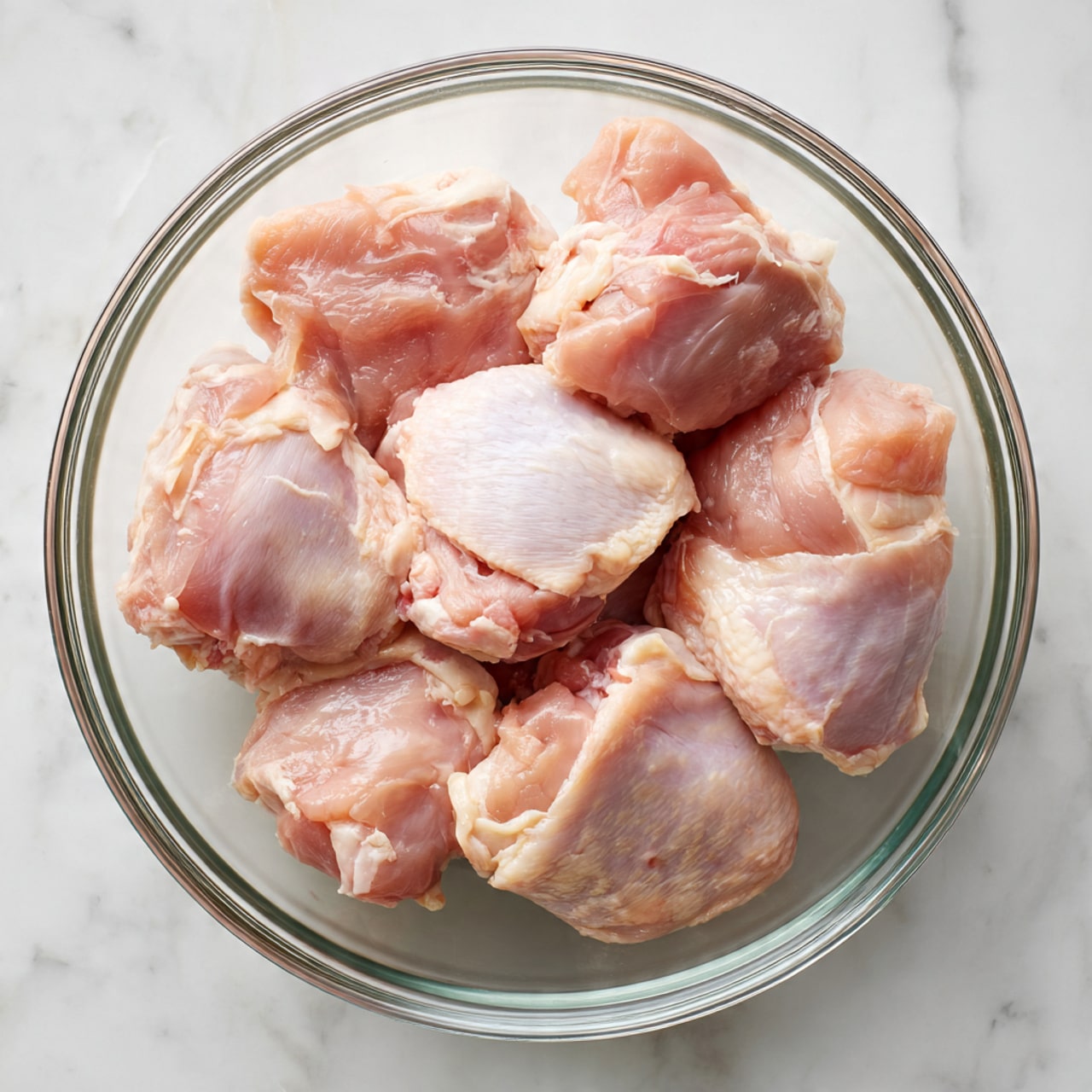 The image shows a white round plate on a white marbled surface with two pieces of browned seasoned chicken thighs placed on the left side of the plate. On the right side, there is a serving of creamy cooked spinach that is green with white creamy spots, giving it a textured look. A silver fork lies on the bottom right edge of the plate, angled slightly upwards. The lighting highlights the crispy texture of the chicken and the creamy texture of the spinach. photo taken with an iphone --ar 4:5 --v 7