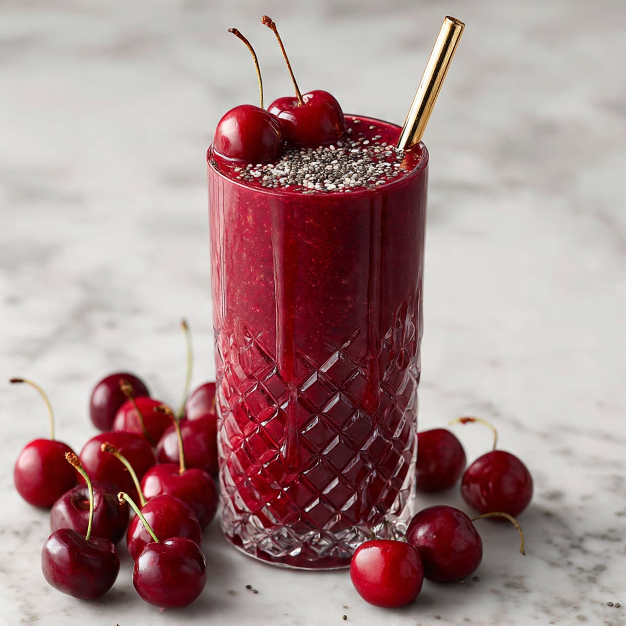 A tall, clear glass with a diamond pattern is filled to the top with a thick, deep red smoothie, slightly overflowing and dripping down the sides. On top, three whole red cherries with stems are placed, along with a sprinkling of small black and white chia seeds gathered on one side near a golden metal straw inserted into the smoothie. Around the base of the glass are many bright red cherries scattered on a white marbled surface, adding a fresh, vibrant look. photo taken with an iphone --ar 4:5 --v 7